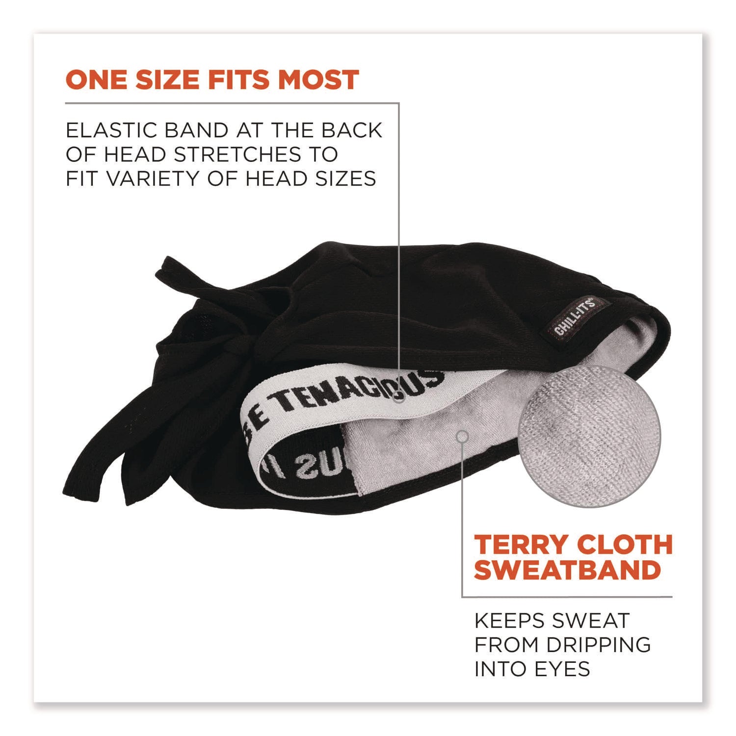 Chill-Its 6615 High-Performance Bandana Doo Rag with Terry Cloth Sweatband, One Size, Black, Ships in 1-3 Business Days