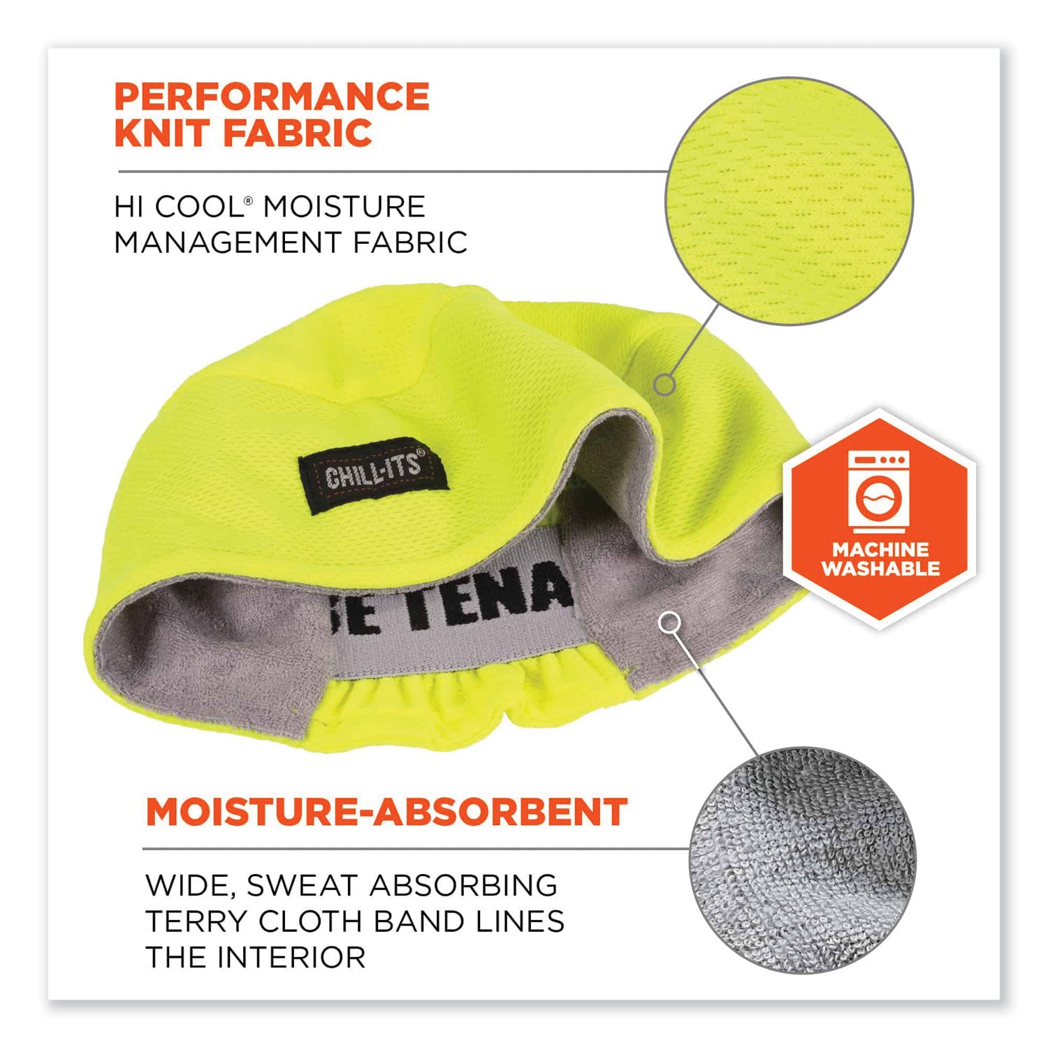 Chill-Its 6630 High-Performance Terry Cloth Skull Cap, Polyester, One Size Fits Most, Lime, Ships in 1-3 Business Days