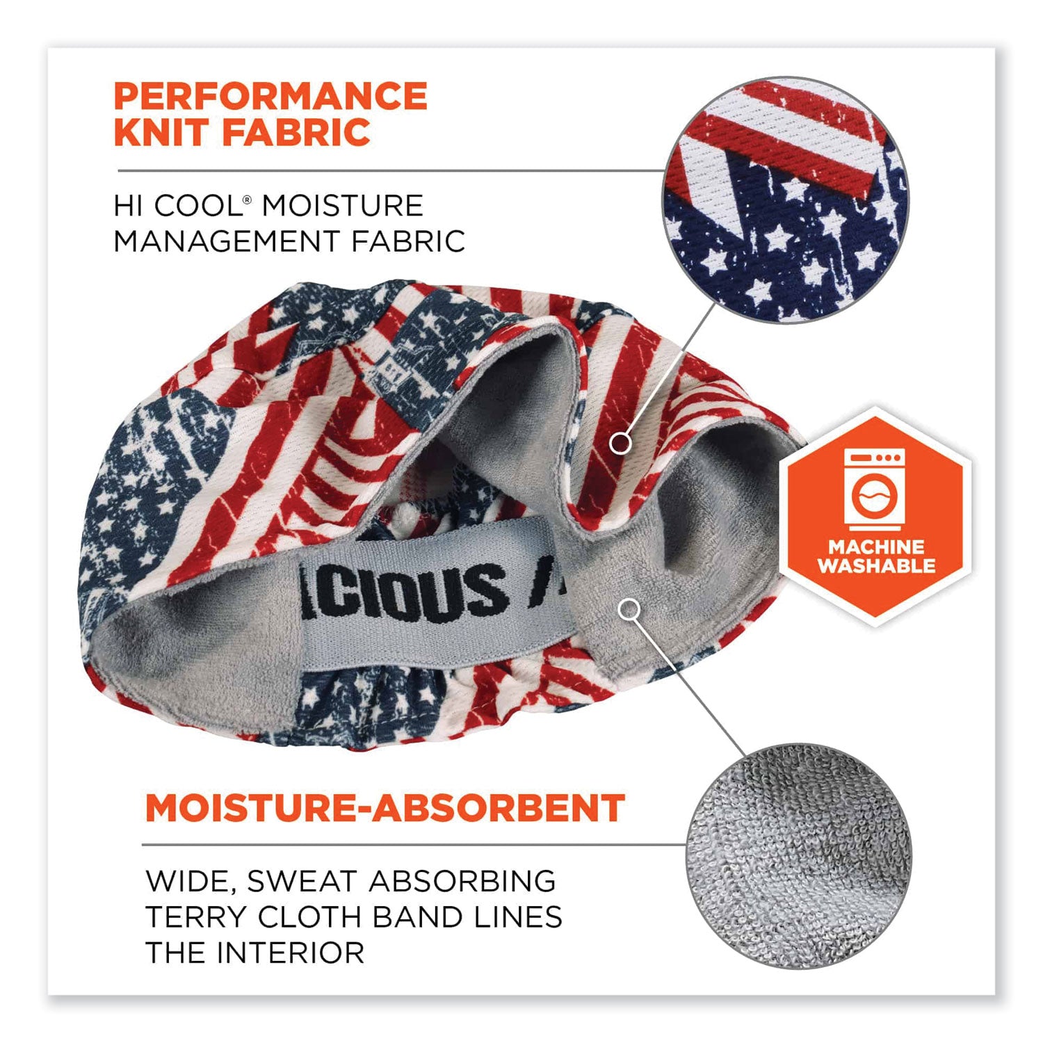 Chill-Its 6630 High-Performance Terry Cloth Skull Cap, Polyester, One Size, Stars and Stripes, Ships in 1-3 Business Days