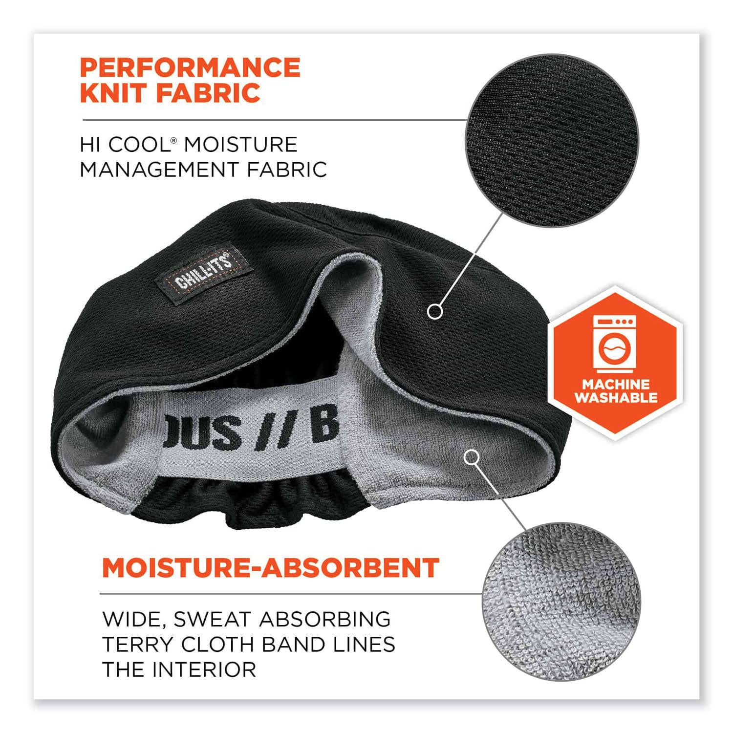 Chill-Its 6630 High-Performance Terry Cloth Skull Cap, Polyester, One Size Fits Most, Black, Ships in 1-3 Business Days