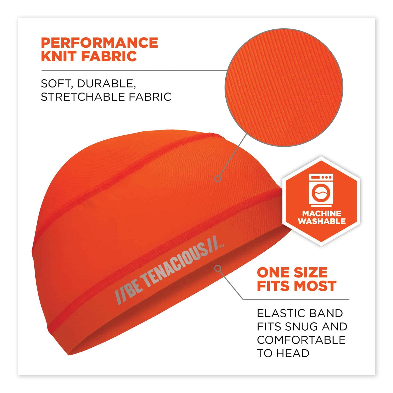 Chill-Its 6632 Performance Knit Cooling Skull Cap, Polyester/Spandex, One Size Fits Most, Orange, Ships in 1-3 Business Days