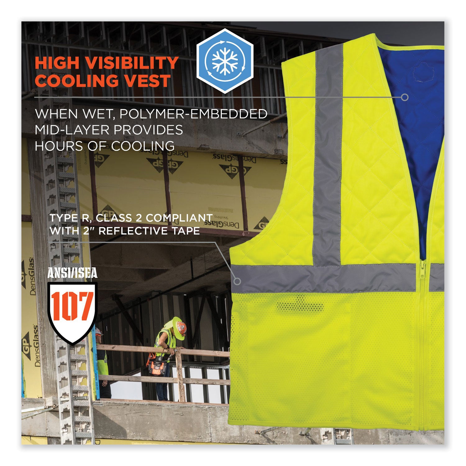 Chill-Its 6668 Class 2 Hi-Vis Safety Cooling Vest, Polymer, Medium, Lime, Ships in 1-3 Business Days