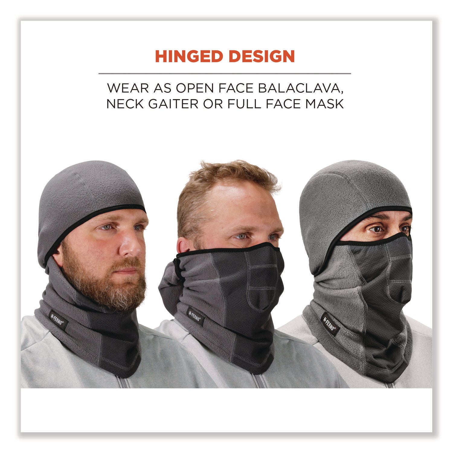 N-Ferno 6823 Hinged Balaclava Face Mask, Fleece, One Size Fits Most, Gray, Ships in 1-3 Business Days