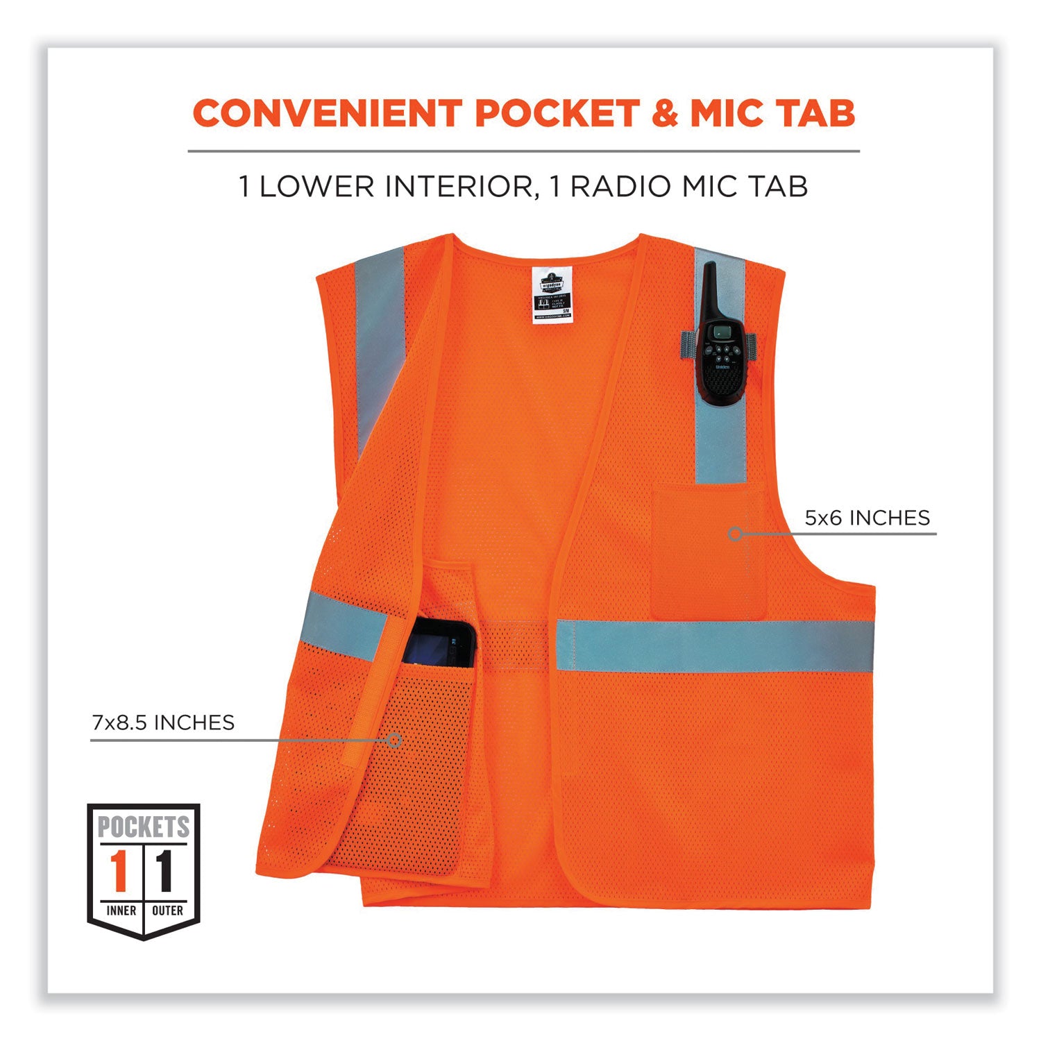 GloWear 8210HL Class 2 Economy Mesh Hook and Loop Vest, Polyester, Small/Medium, Orange, Ships in 1-3 Business Days - 4