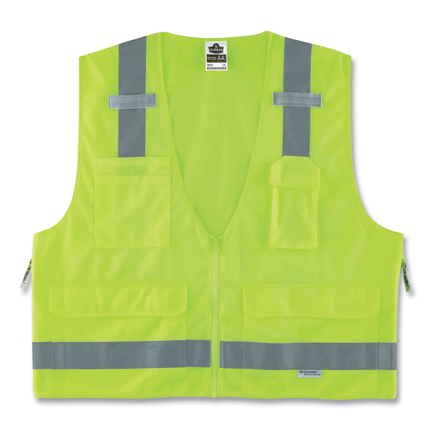GloWear 8250Z Class 2 Surveyors Zipper Vest, Polyester, 2X-Large/3X-Large, Lime, Ships in 1-3 Business Days