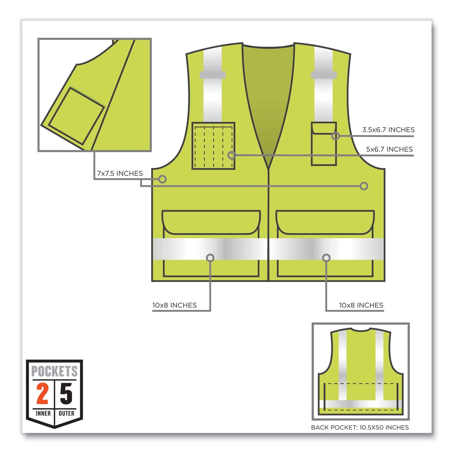 GloWear 8250Z Class 2 Surveyors Zipper Vest, Polyester, 2X-Large/3X-Large, Lime, Ships in 1-3 Business Days