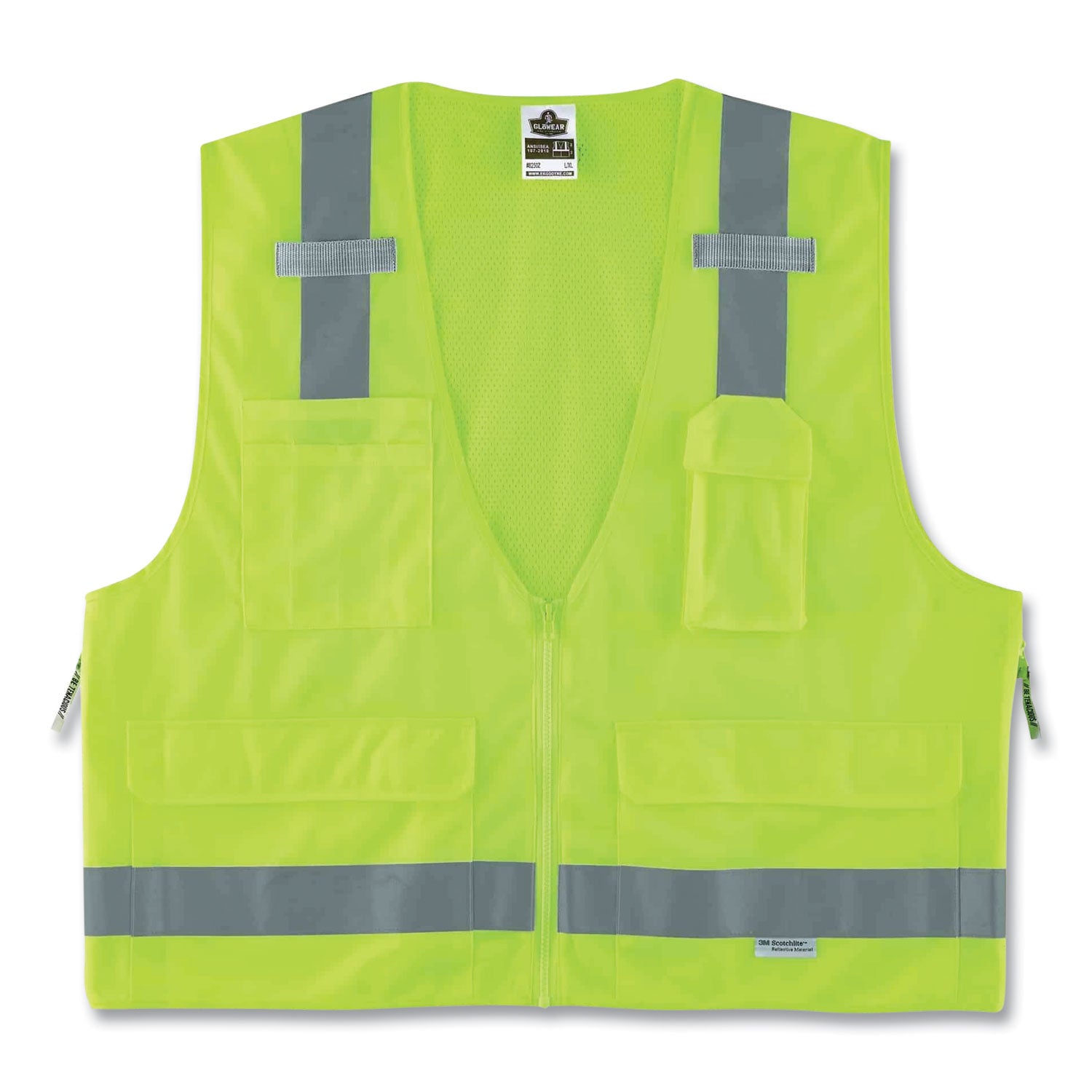 GloWear 8250Z Class 2 Surveyors Zipper Vest, Polyester, 4X-Large/5X-Large, Lime, Ships in 1-3 Business Days