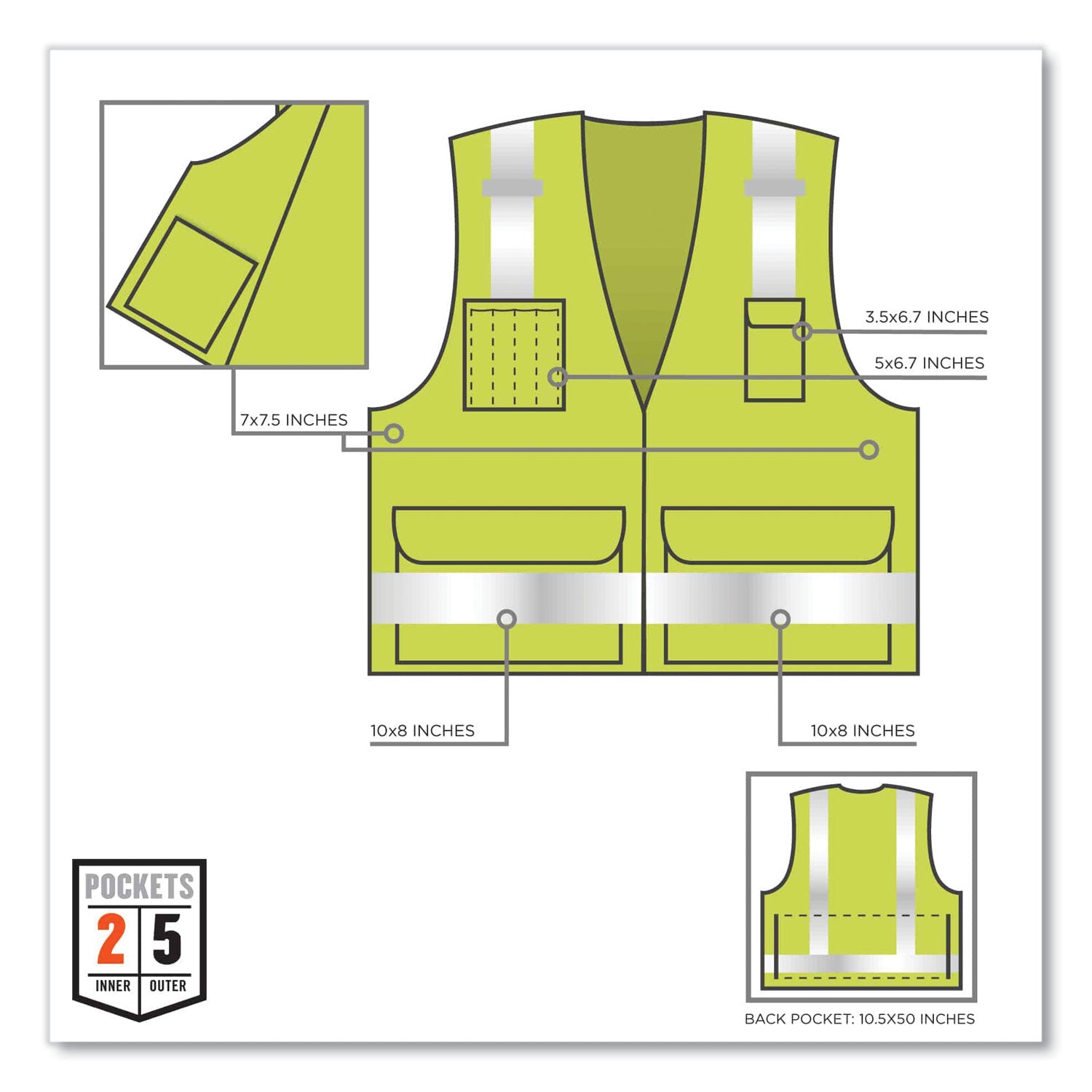 GloWear 8250Z Class 2 Surveyors Zipper Vest, Polyester, 4X-Large/5X-Large, Lime, Ships in 1-3 Business Days
