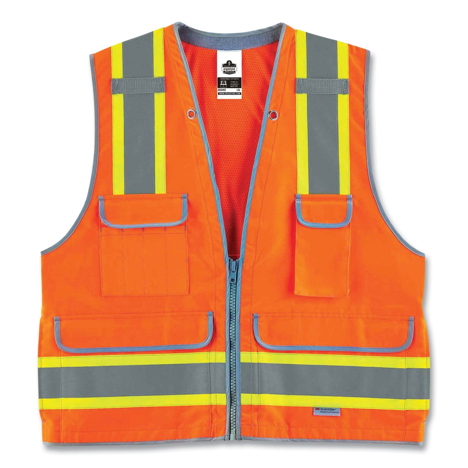GloWear 8254HDZ Class 2 Heavy-Duty Surveyors Zipper Vest, Polyester, 2X-Large/3X-Large, Orange, Ships in 1-3 Business Days