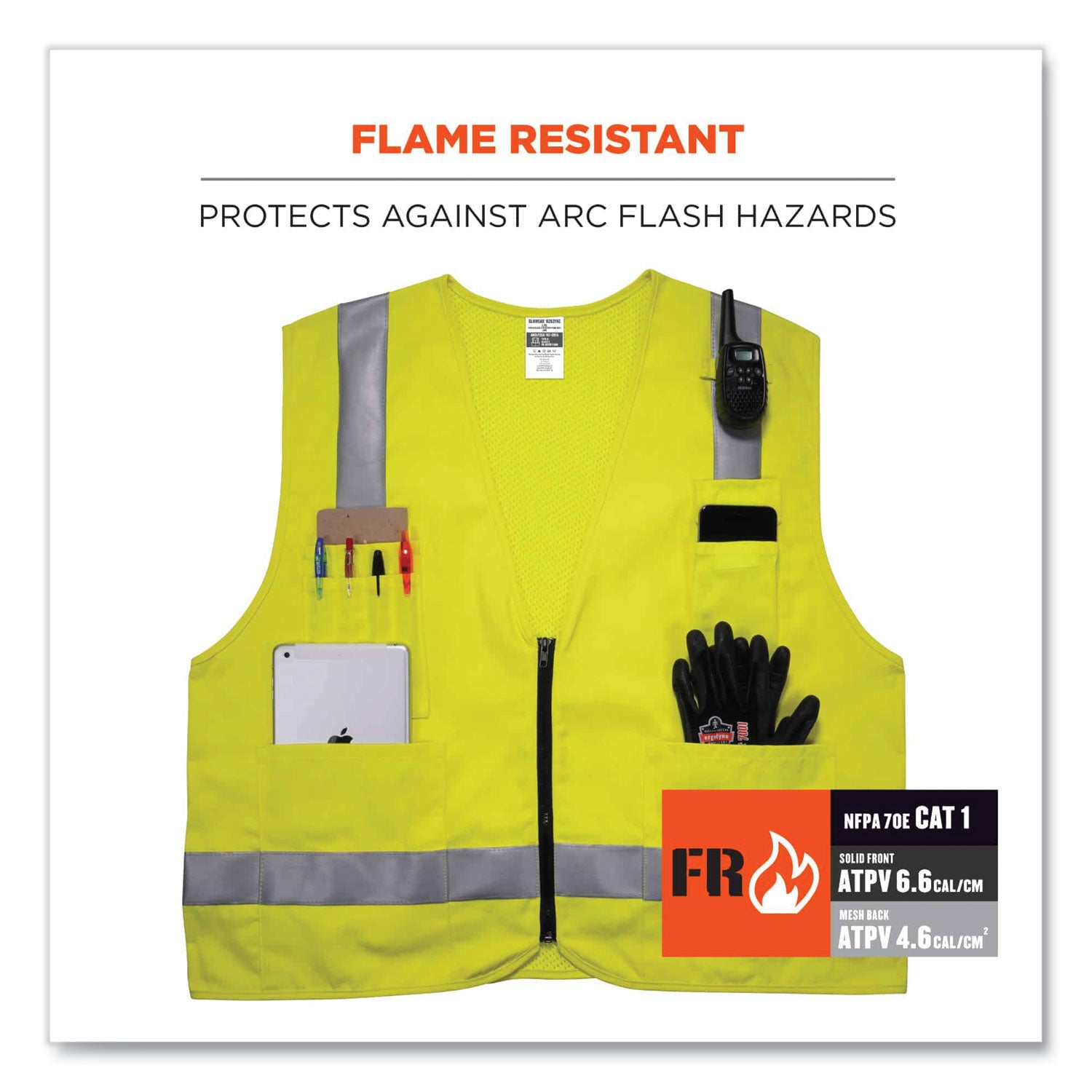 GloWear 8262FRZ Class 2 FR Surveyor Zipper Vest, Tencel/Modacrylic/Para-aramid/Kevlar, L/XL, Lime, Ships in 1-3 Business Days