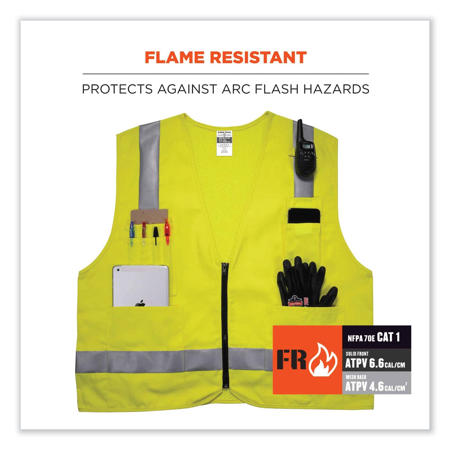 GloWear 8262FRZ Class 2 FR Surveyor Zip Vest, Tencel/Modacrylic/Para-aramid/Kevlar, 2XL/3XL, Lime, Ships in 1-3 Business Days