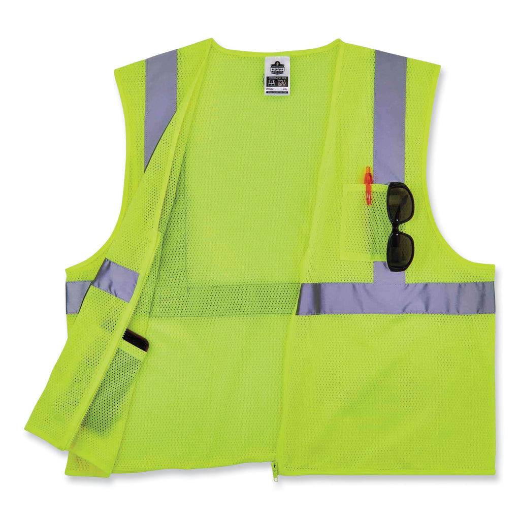 GloWear 8256Z Class 2 Self-Extinguishing Zipper Vest, Polyester, Small/Medium, Lime, Ships in 1-3 Business Days