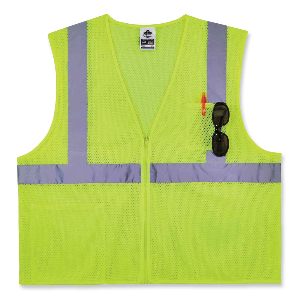 GloWear 8256Z Class 2 Self-Extinguishing Zipper Vest, Polyester, 4X-Large/5X-Large, Lime, Ships in 1-3 Business Days