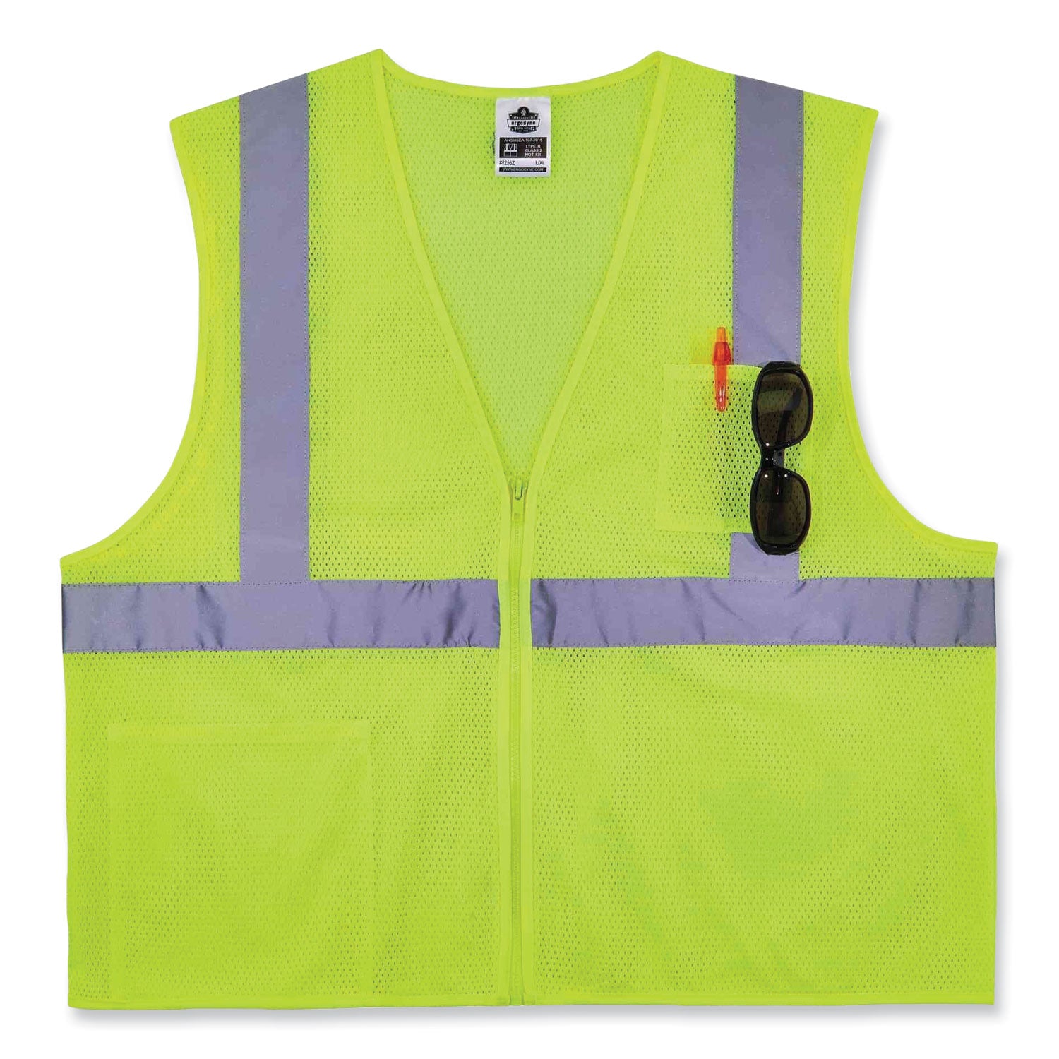 GloWear 8256Z Class 2 Self-Extinguishing Zipper Vest, Polyester, 4X-Large/5X-Large, Lime, Ships in 1-3 Business Days