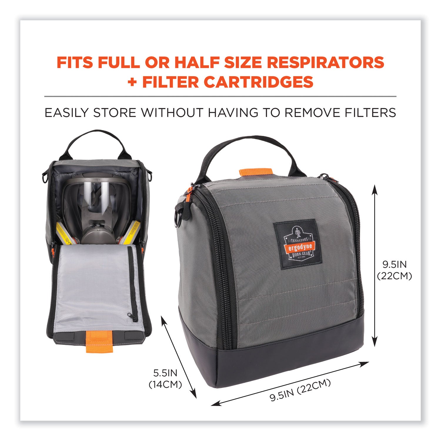 Arsenal 5185 Full Respirator Bag with Zipper Magnetic Closure, 5.5 x 9.5 x 9.5, Gray, Ships in 1-3 Business Days