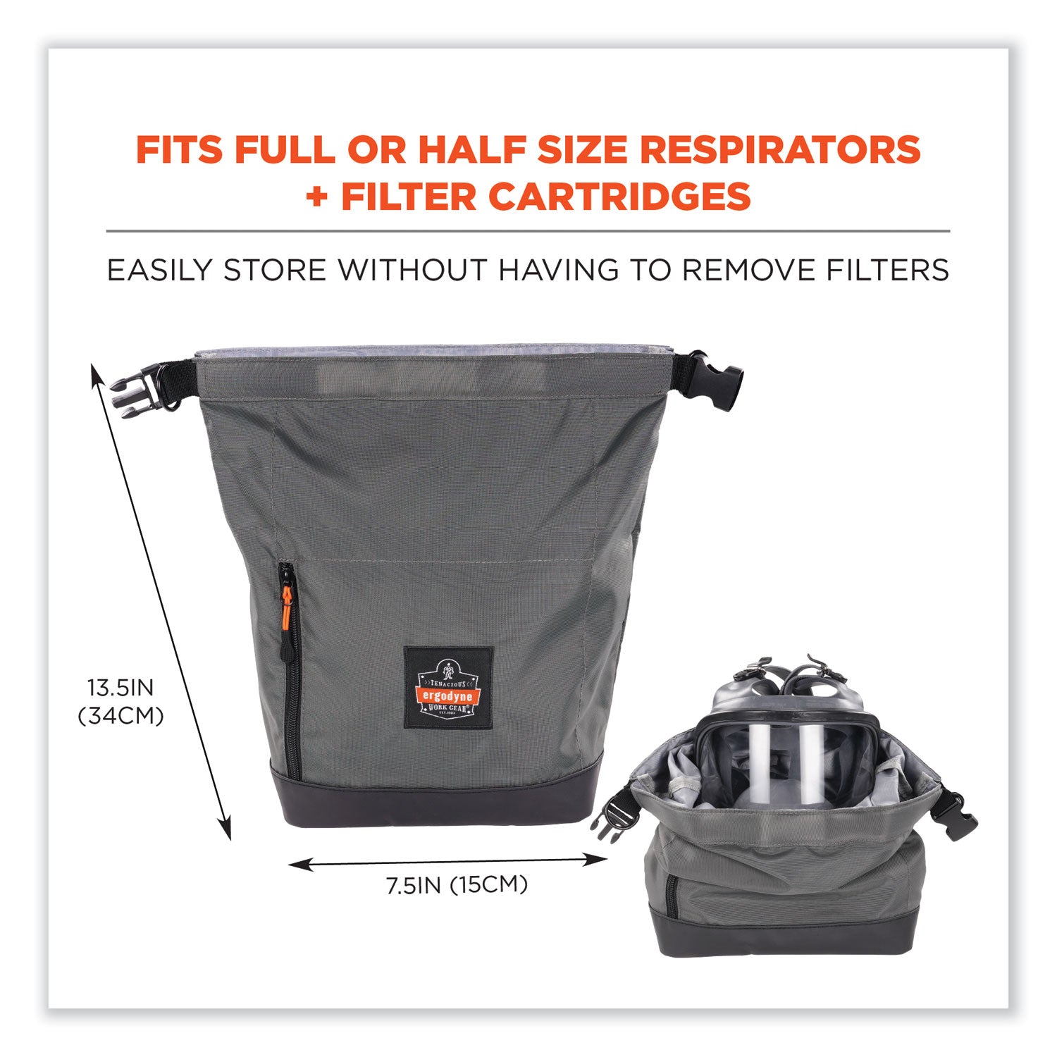 Arsenal 5186 Full Respirator Bag with Roll Top Closure, 7.5 x 13.5 x 13.5, Gray, Ships in 1-3 Business Days