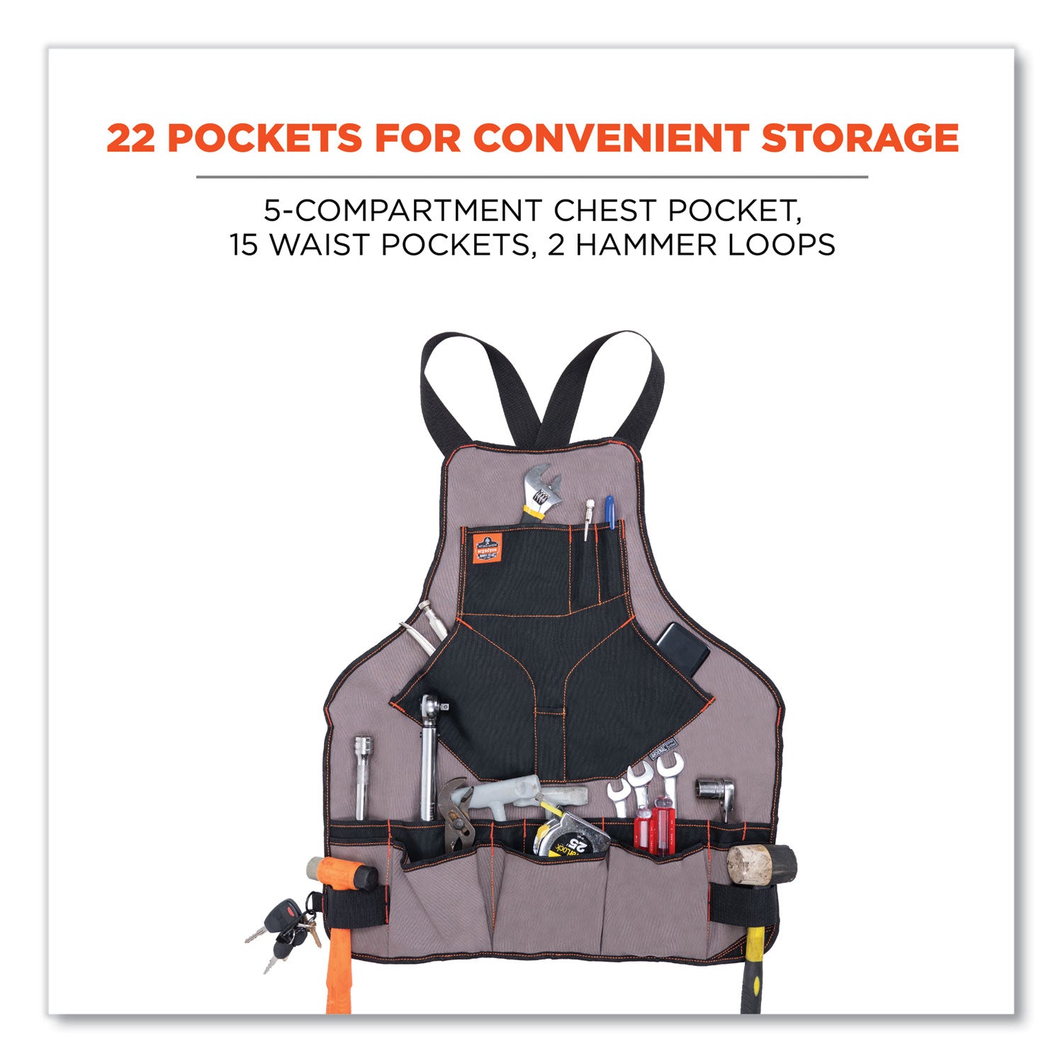 Arsenal 5704 Canvas Tool Apron, 22 Compartments, 25.5 x 28, Canvas, Gray, Ships in 1-3 Business Days