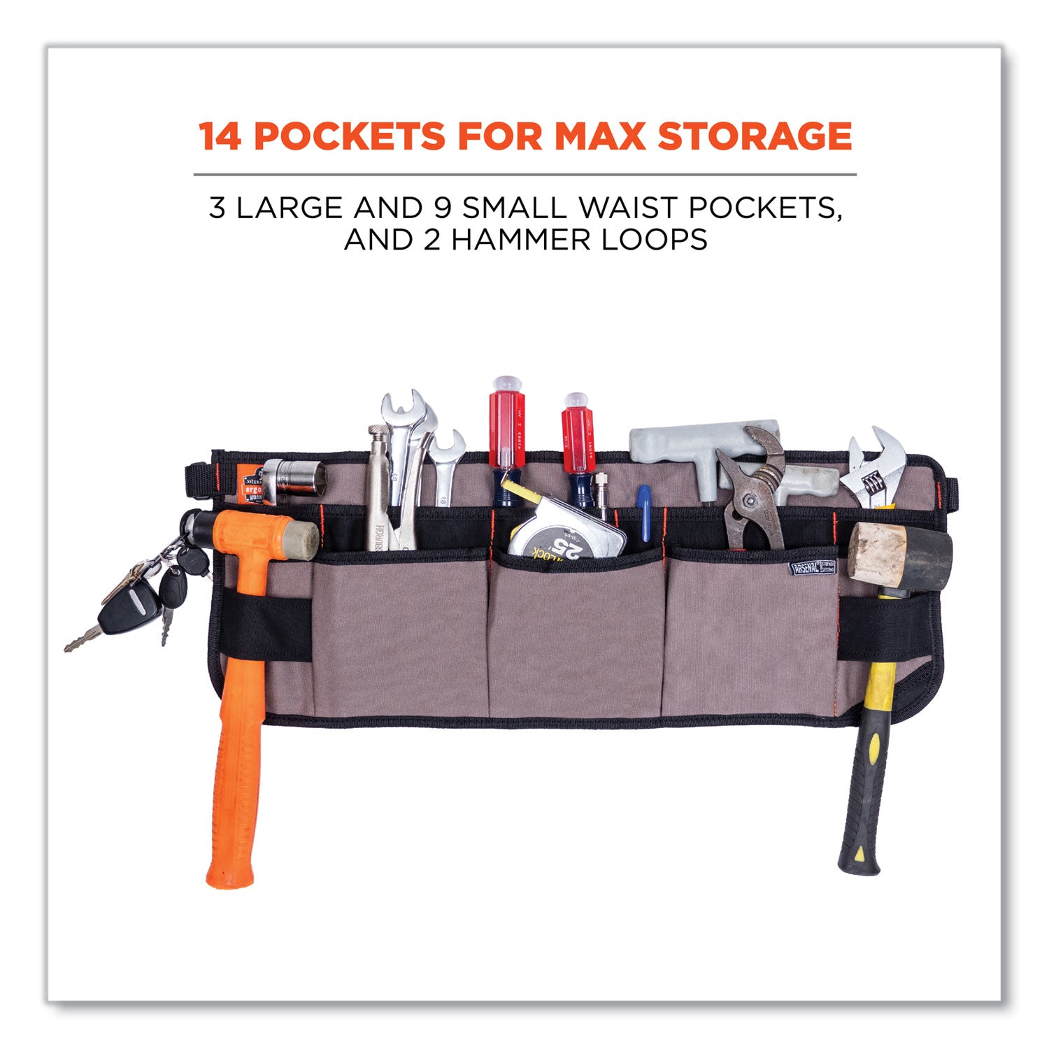Arsenal 5707 Canvas Waist Apron, 14 Compartments, 25.5 x 34, Canvas, Gray, Ships in 1-3 Business Days
