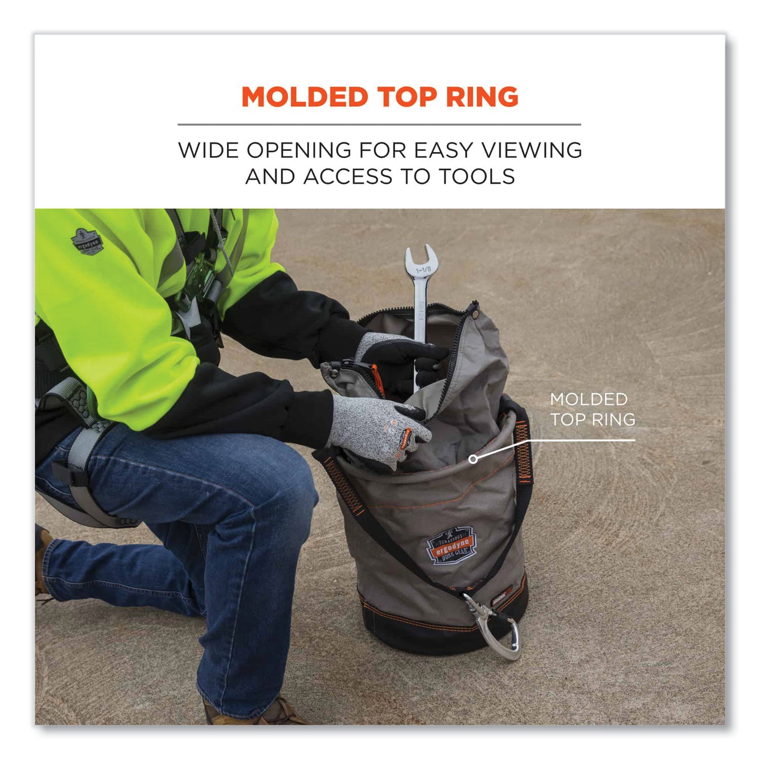 Arsenal 5976 XL Hoist Bucket Tool Bag with Swiveling Carabiner and Zipper Top, 16 x 16 x 20, Gray, Ships in 1-3 Business Days