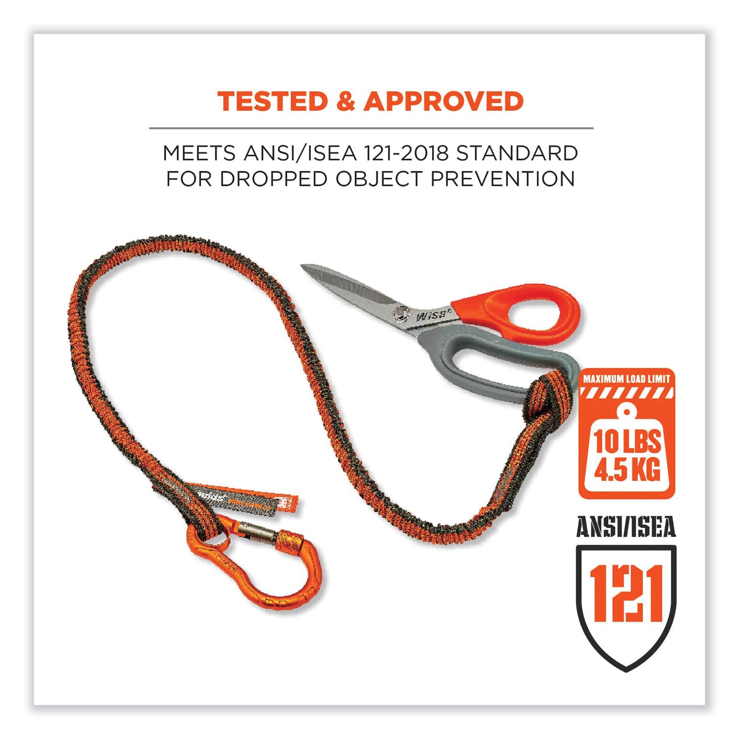 Squids 3100F(x) Tool Lanyard w/Aluminum Carabiner+Loop, 10 lb Max Work Cap, 38" to 48",Orange/Gray,Ships in 1-3 Business Days