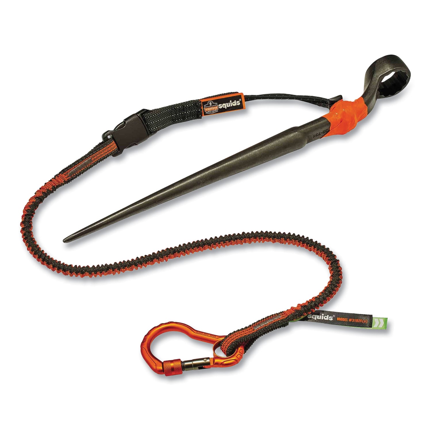 Squids 3102F(x) Tool Lanyard w/Aluminum Carabiner+Cinch-Loop, 5 lb Max Work Cap, 38" to 48", OR/GY,Ships in 1-3 Business Days