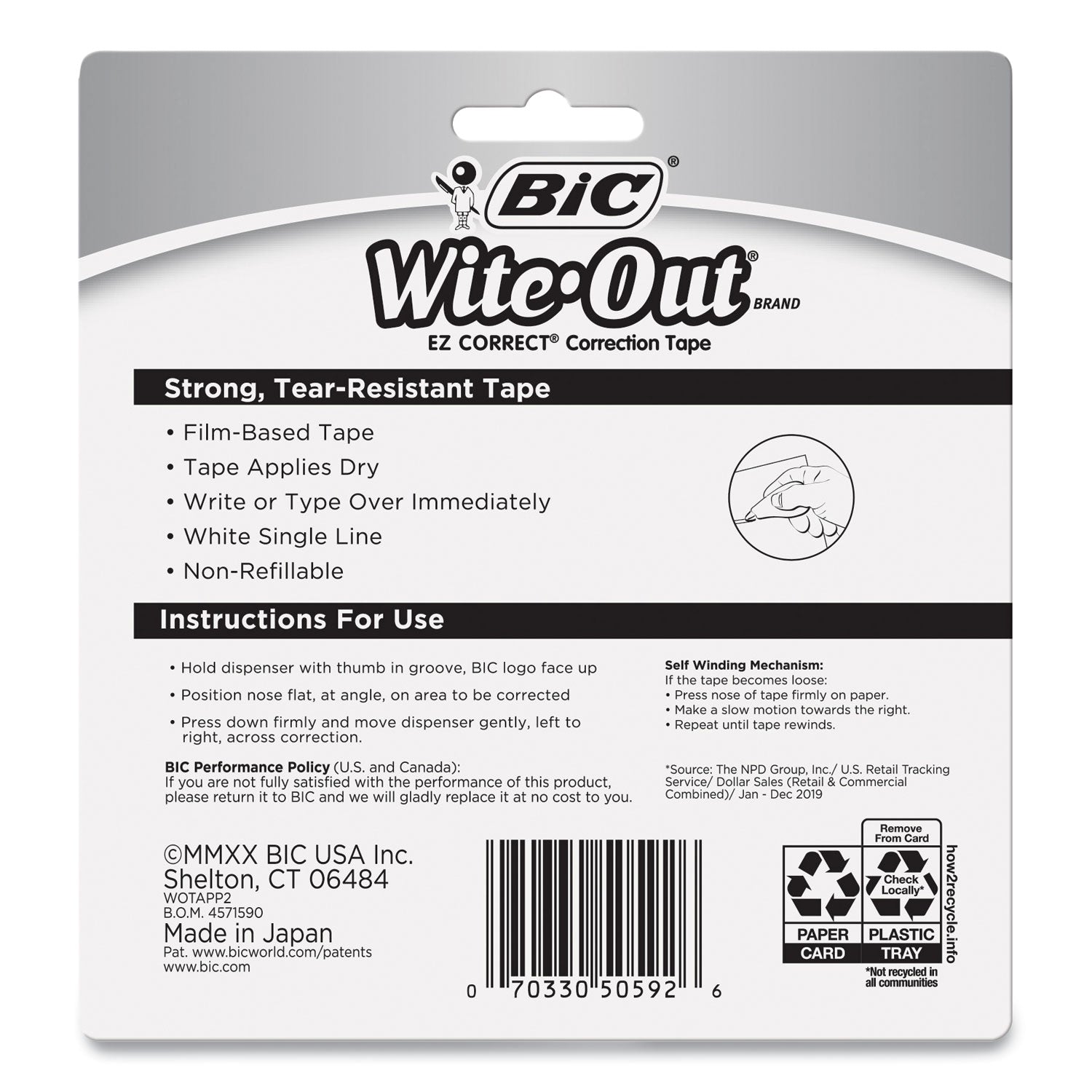 Wite-Out EZ Correct Correction Tape, Non-Refillable, Randomly Assorted Applicator Colors, 0.17" x 472", 2/Pack - 