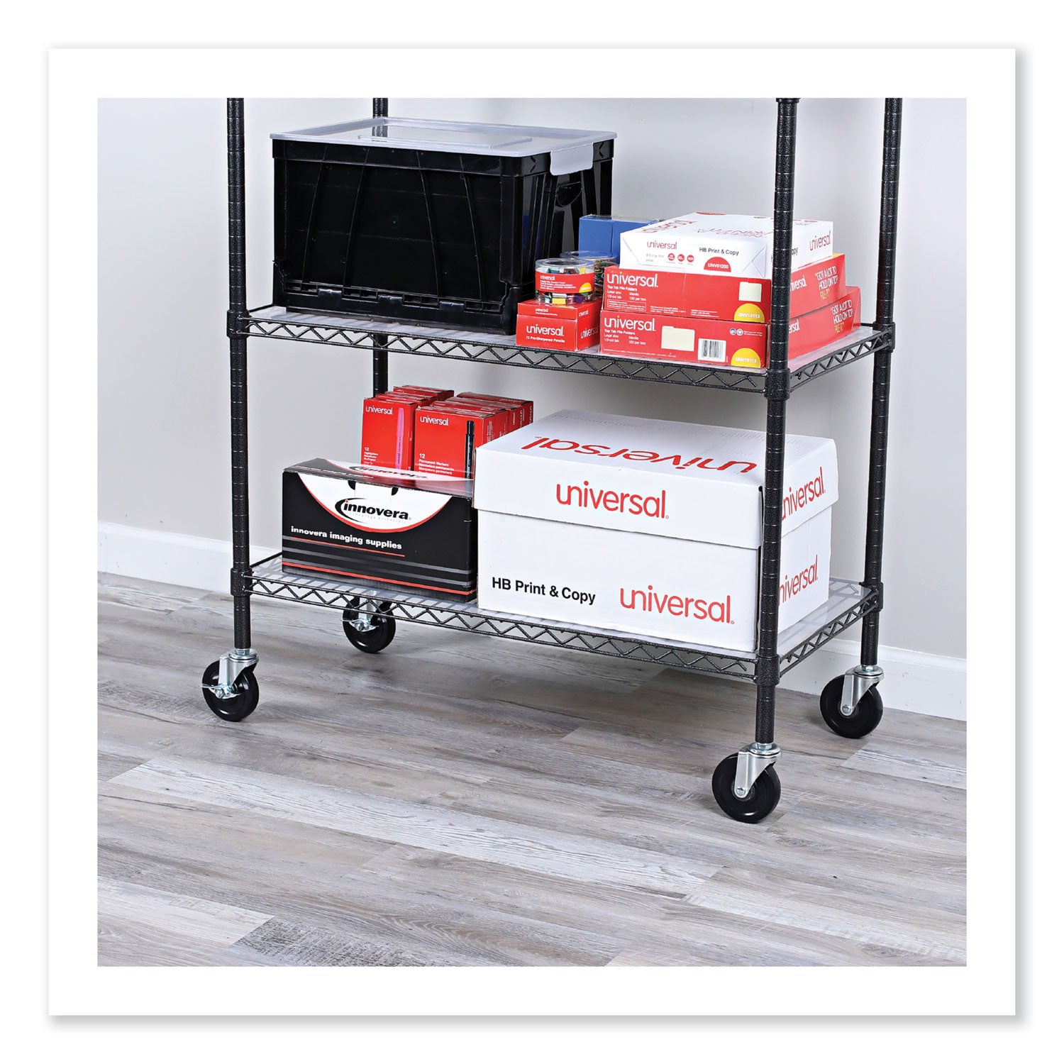 Optional Casters for Wire Shelving, Grip Ring Type K Stem, 4" Wheel, Black/Silver, 4/Set (2 Locking)