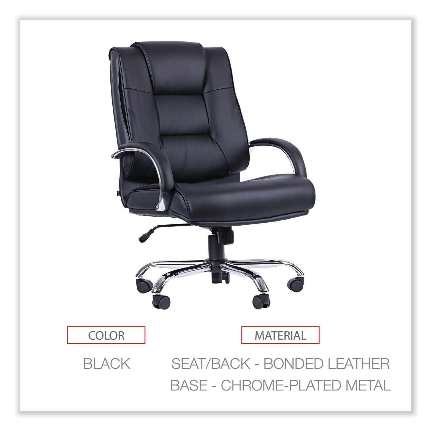 Alera Ravino Big/Tall High-Back Bonded Leather Chair, Headrest, Supports 450 lb, 20.07" to 23.74" Seat, Black, Chrome Base - 