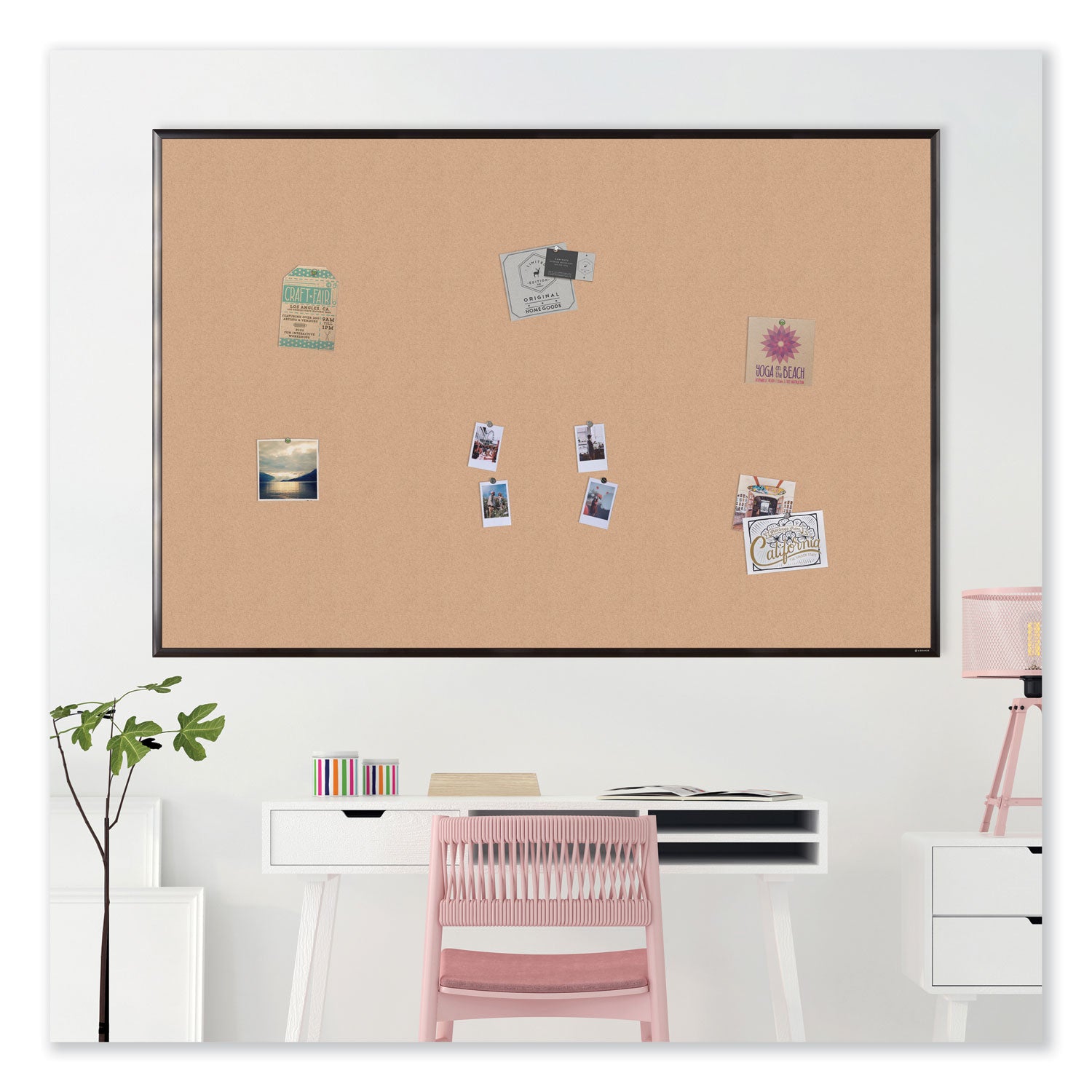 Cork Bulletin Board with Black Aluminum Frame, 70 x 47, Tan Surface
