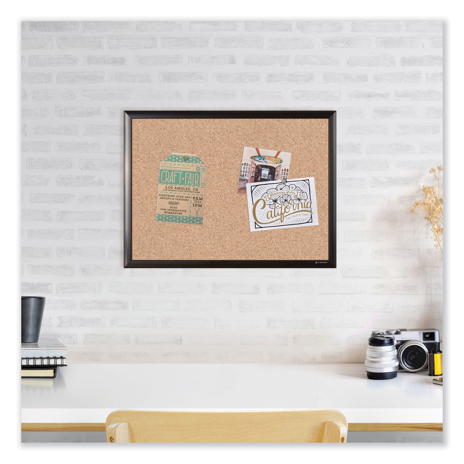 Cork Bulletin Board with Black Aluminum Frame, 70 x 47, Tan Surface