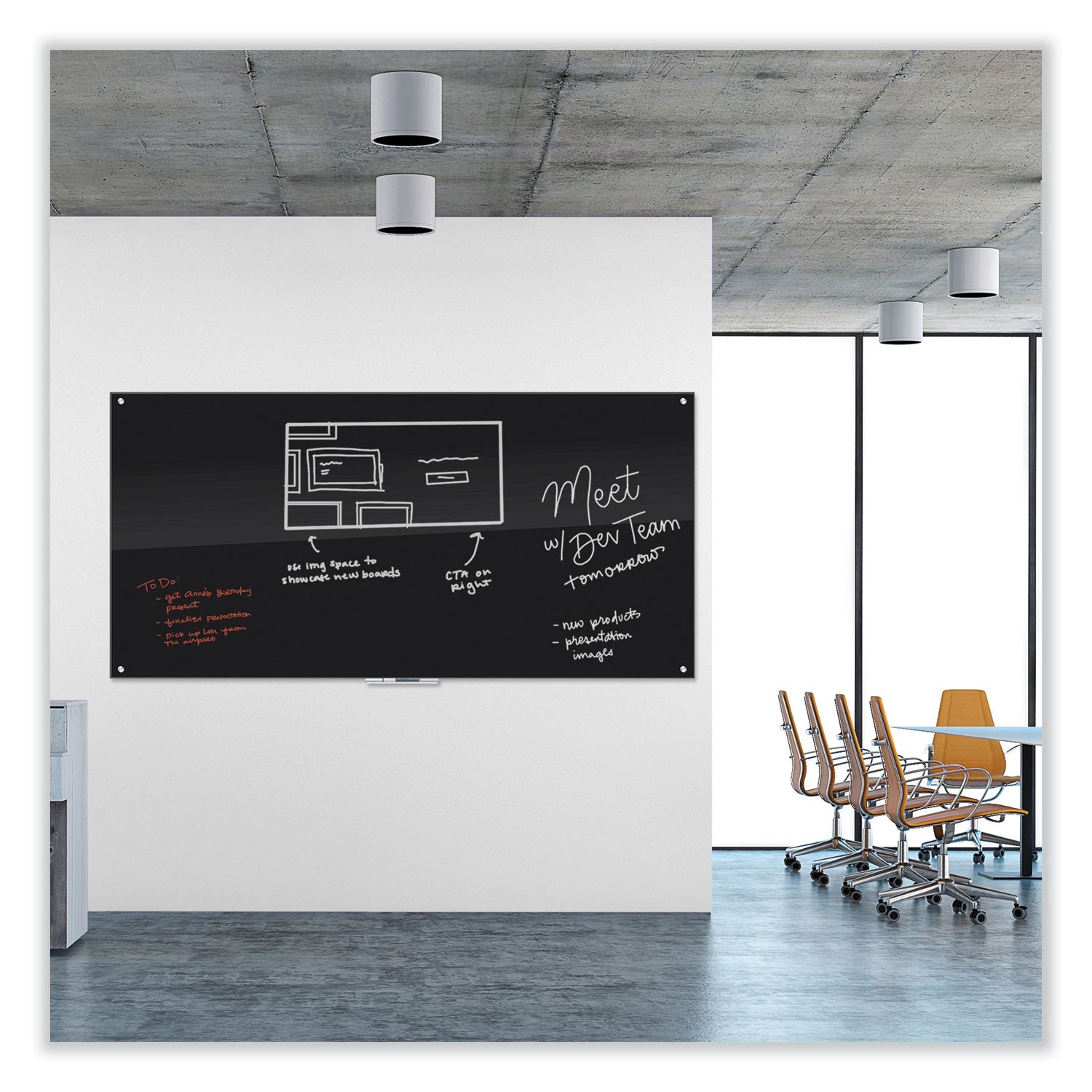 Black Glass Dry Erase Board, 96 x 47, Black Surface