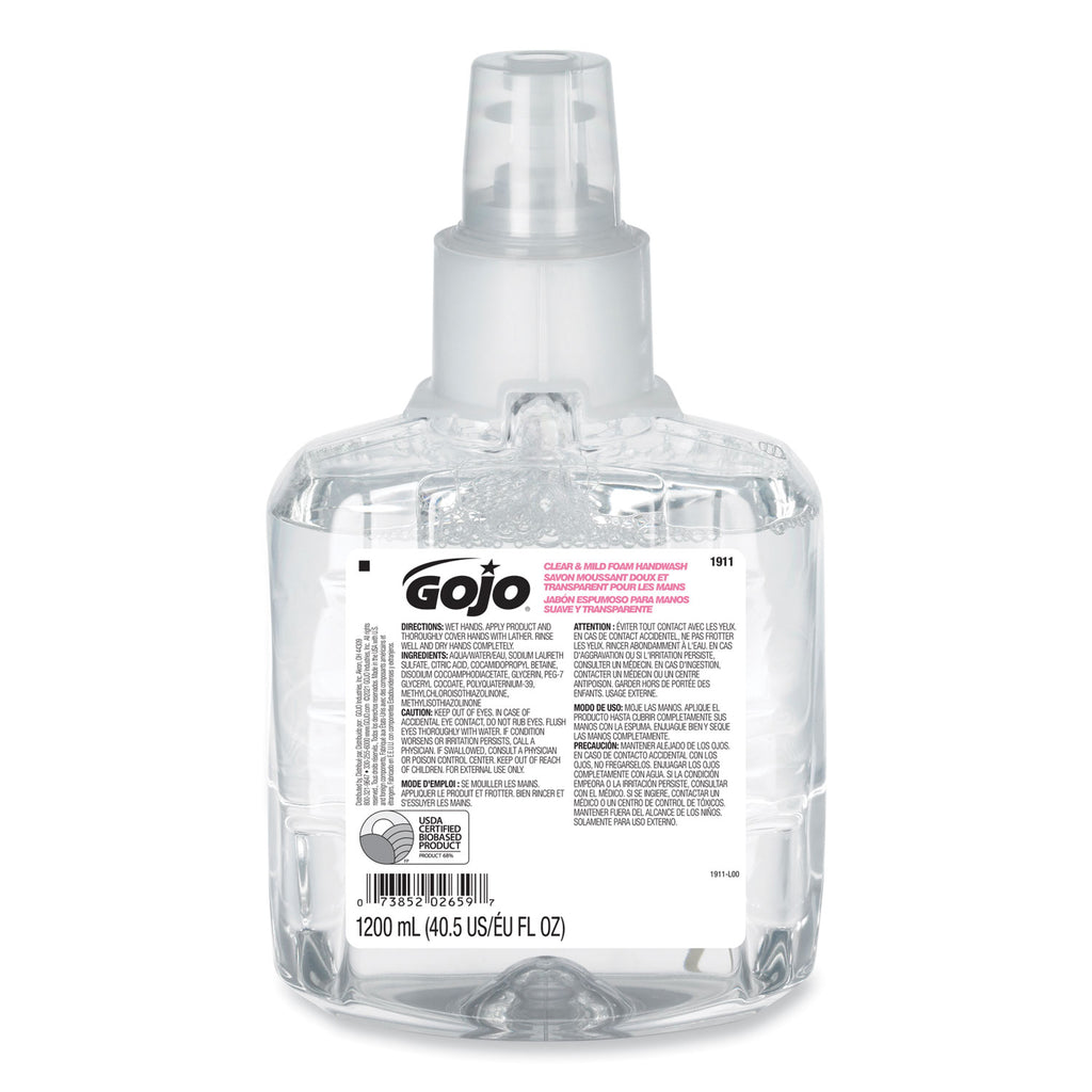 Clear and Mild Foam Handwash Refill, For GOJO LTX-12 Dispenser, Fragrance-Free, 1,200 mL Refill, 2/Carton