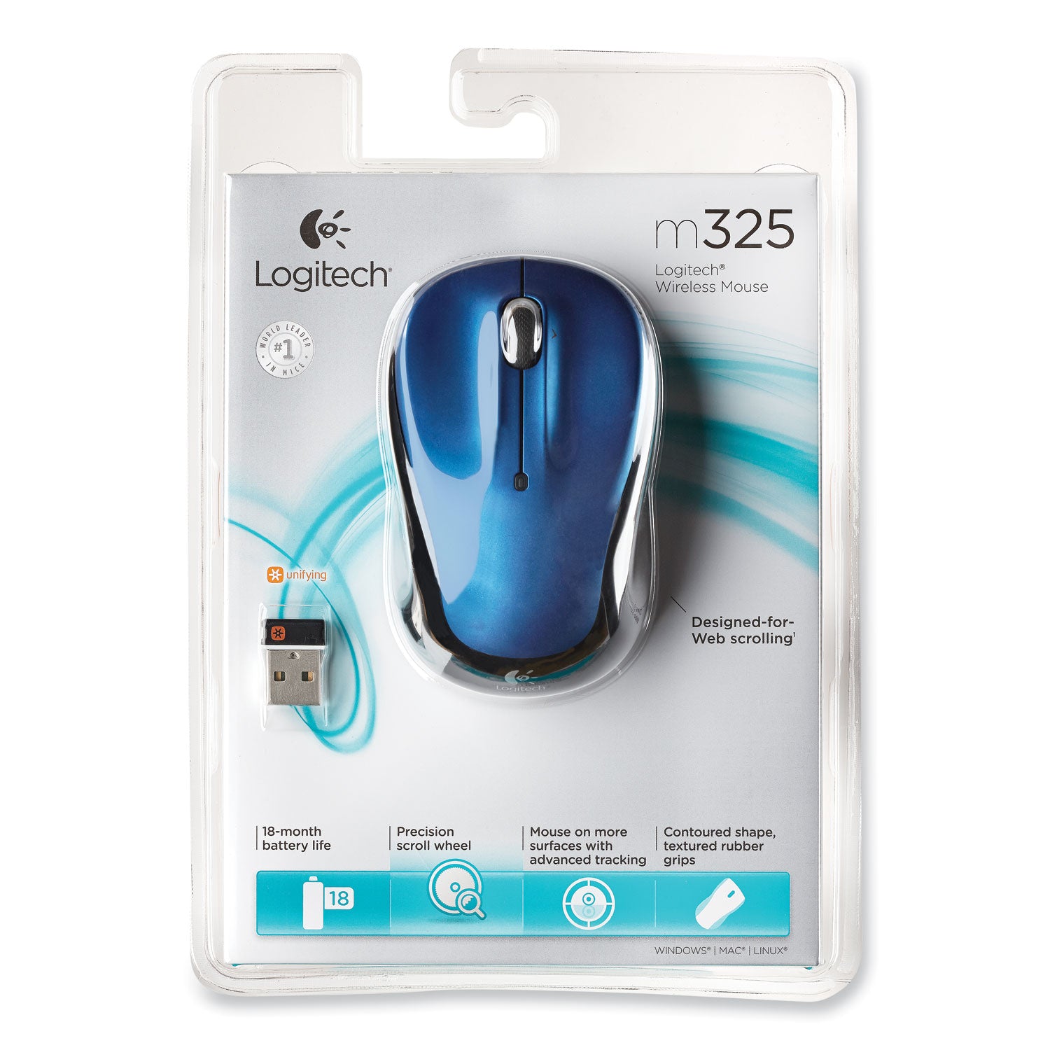 M325 Wireless Mouse, 2.4 GHz Frequency/30 ft Wireless Range, Left/Right Hand Use, Blue - 