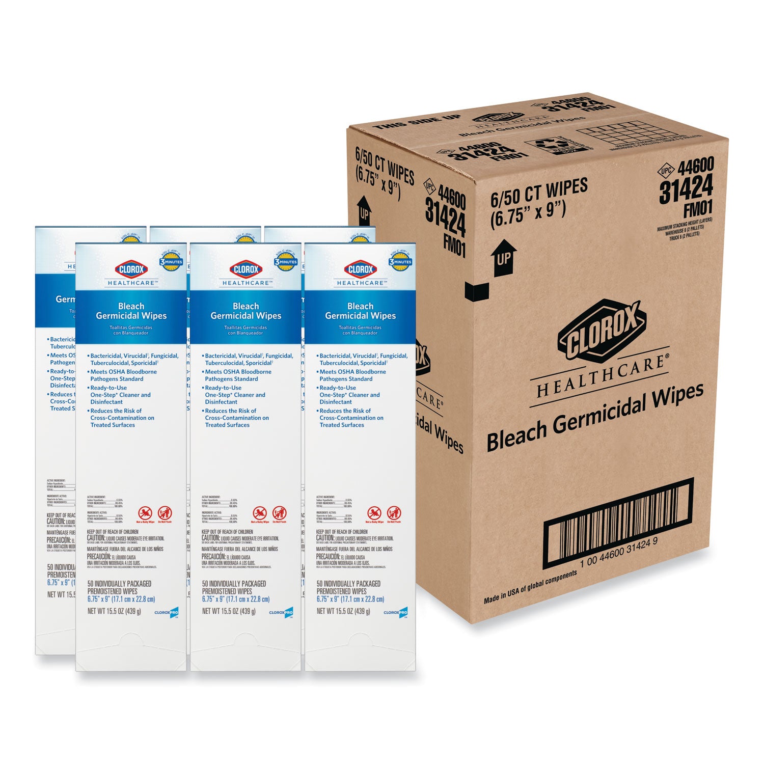 bleach-germicidal-wipes-1-ply-675-x-9-unscented-white-50-box-6-boxes-carton_clo31424 - 1