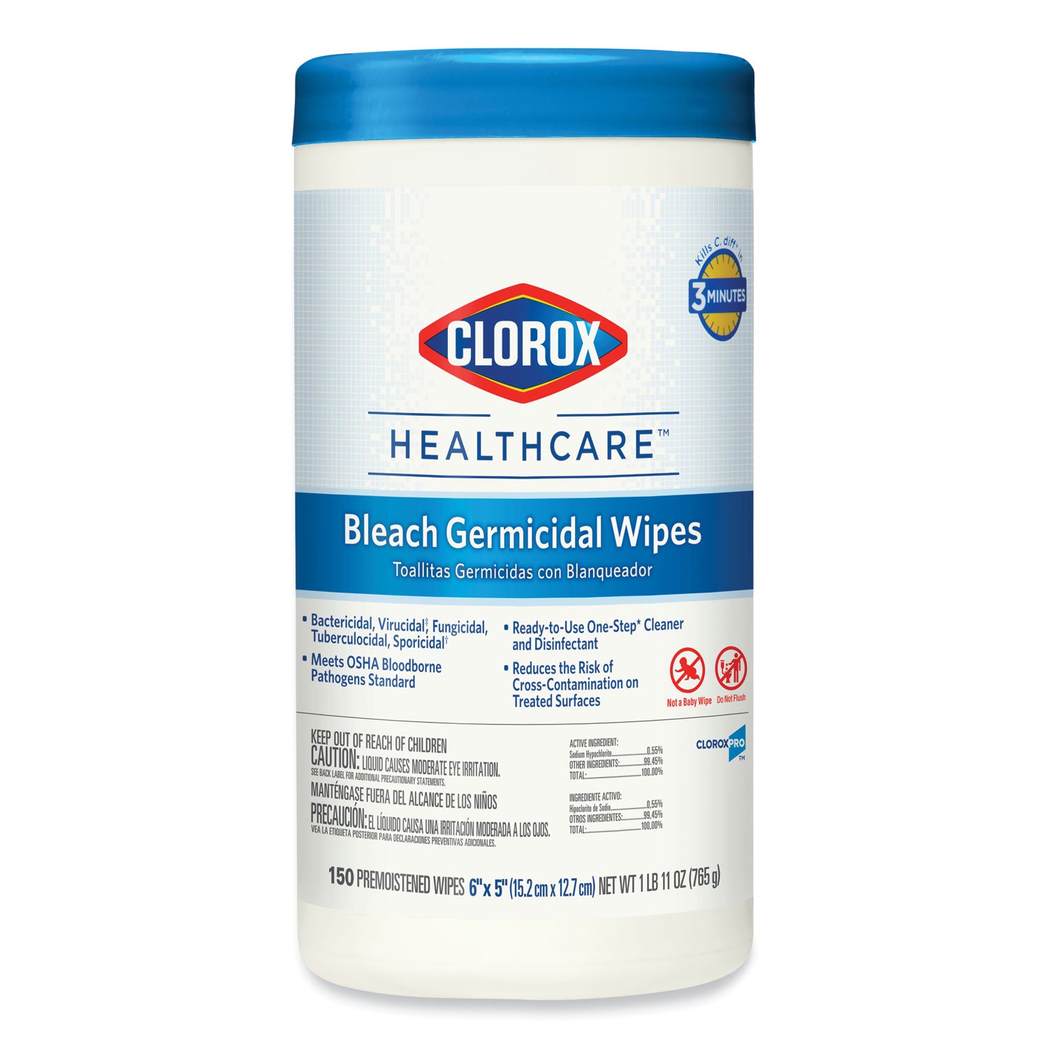 Bleach Germicidal Wipes, 1-Ply, 6 x 5, Unscented, White, 150/Canister - 