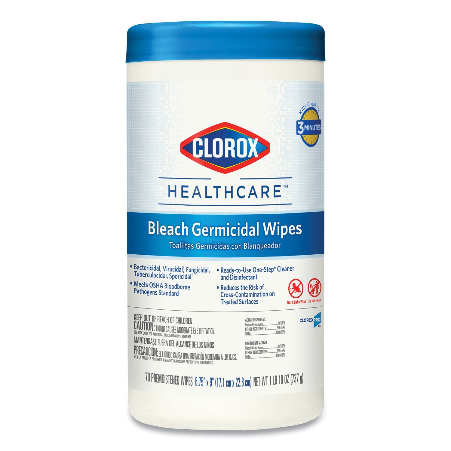 Bleach Germicidal Wipes, 1-Ply, 6.75 x 9, Unscented, White, 70/Canister - 