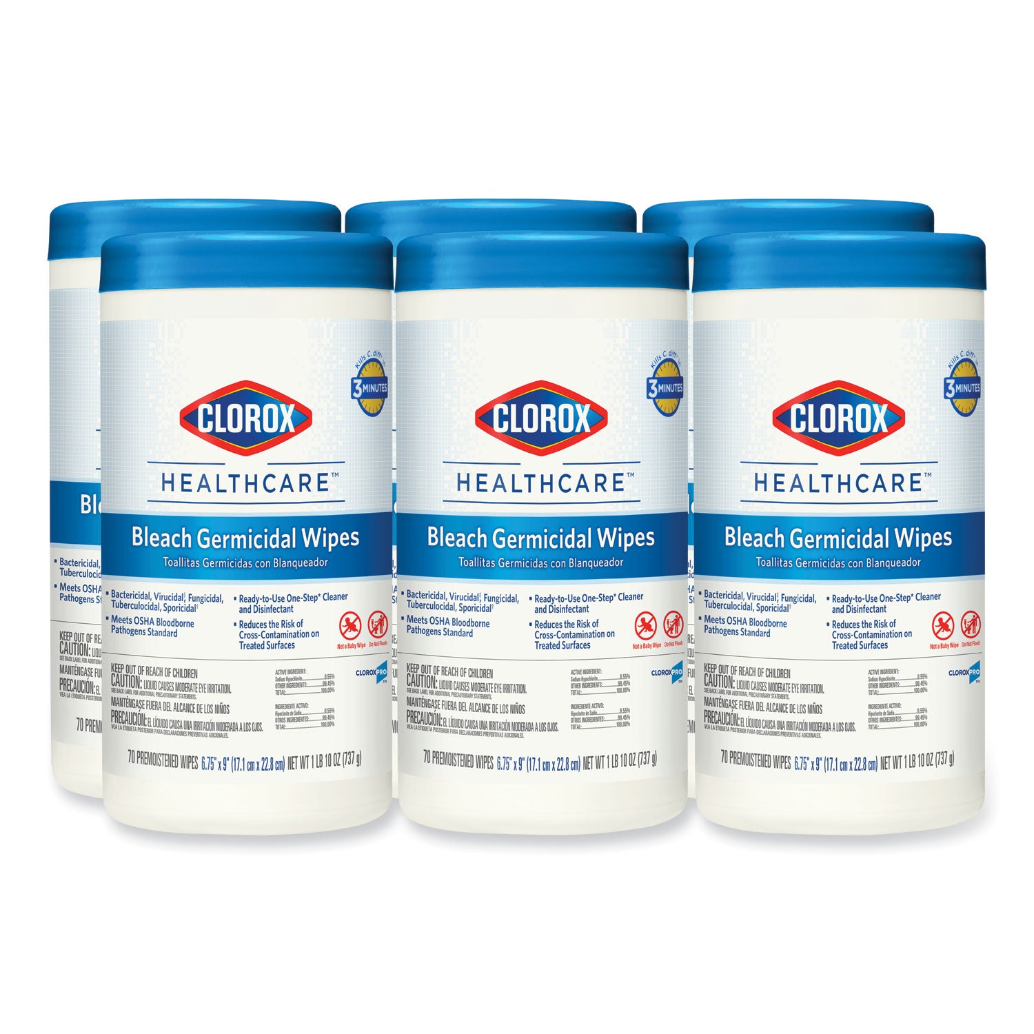 Bleach Germicidal Wipes, 1-Ply, 6.75 x 9, Unscented, White, 70/Canister - 