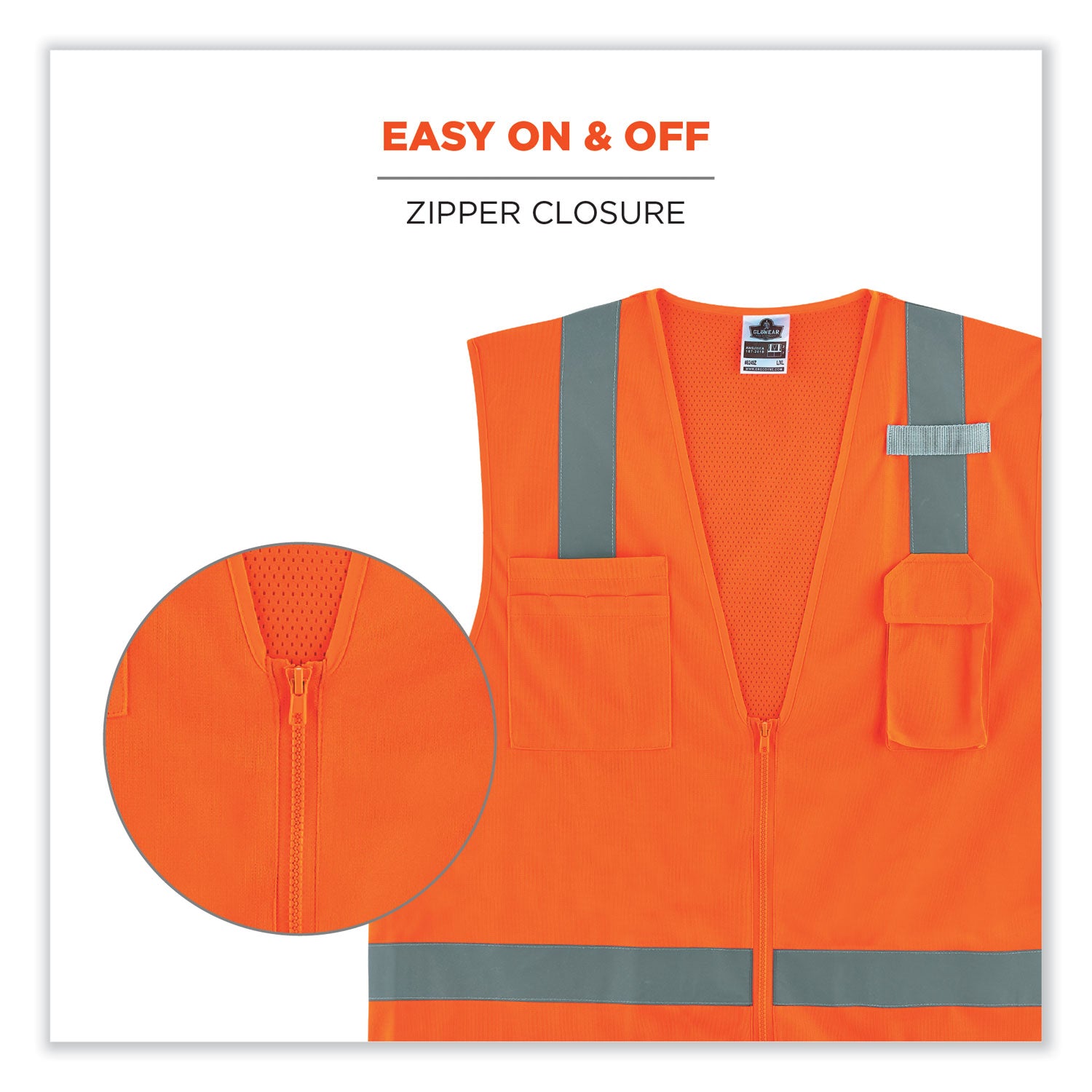 GloWear 8249Z Class 2 Economy Surveyors Zipper Vest, Polyester, Small/Medium, Orange, Ships in 1-3 Business Days