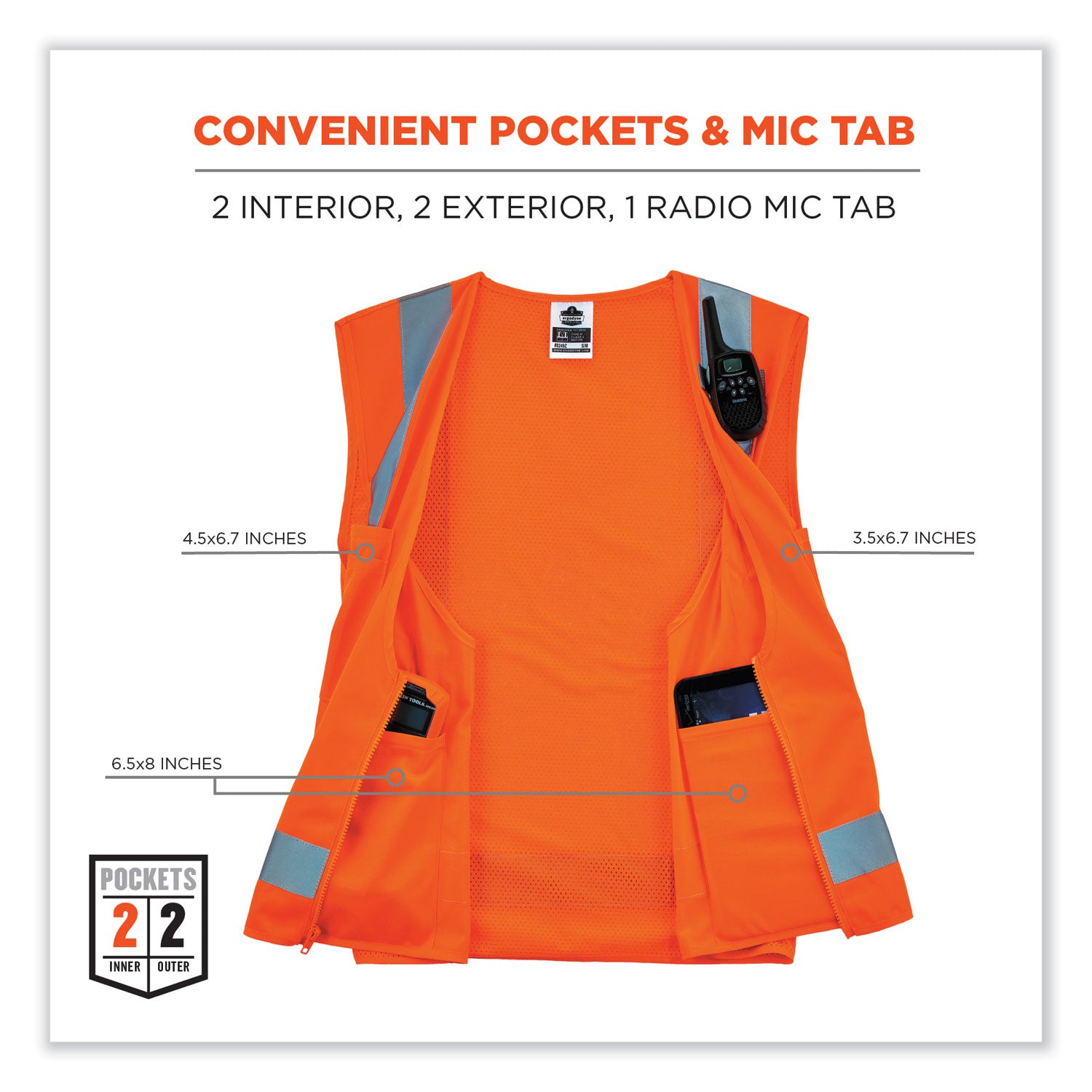 GloWear 8249Z Class 2 Economy Surveyors Zipper Vest, Polyester, 4X-Large/5X-Large, Orange, Ships in 1-3 Business Days