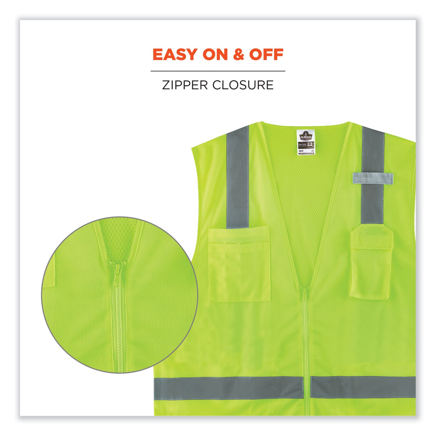 GloWear 8249Z Class 2 Economy Surveyors Zipper Vest, Polyester, Small/Medium, Lime, Ships in 1-3 Business Days