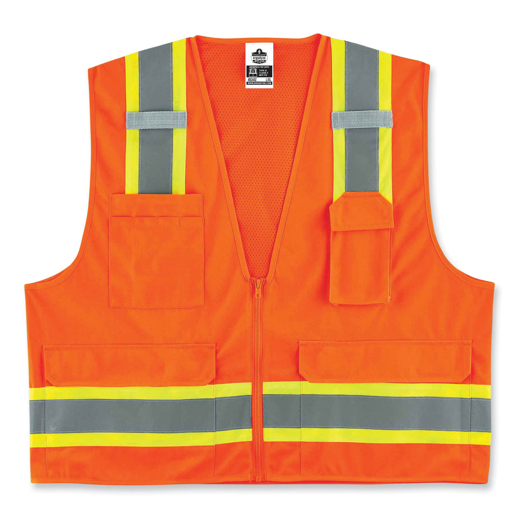 GloWear 8248Z Class 2 Two-Tone Surveyors Zipper Vest, Polyester, 2X-Large/3X-Large, Orange, Ships in 1-3 Business Days