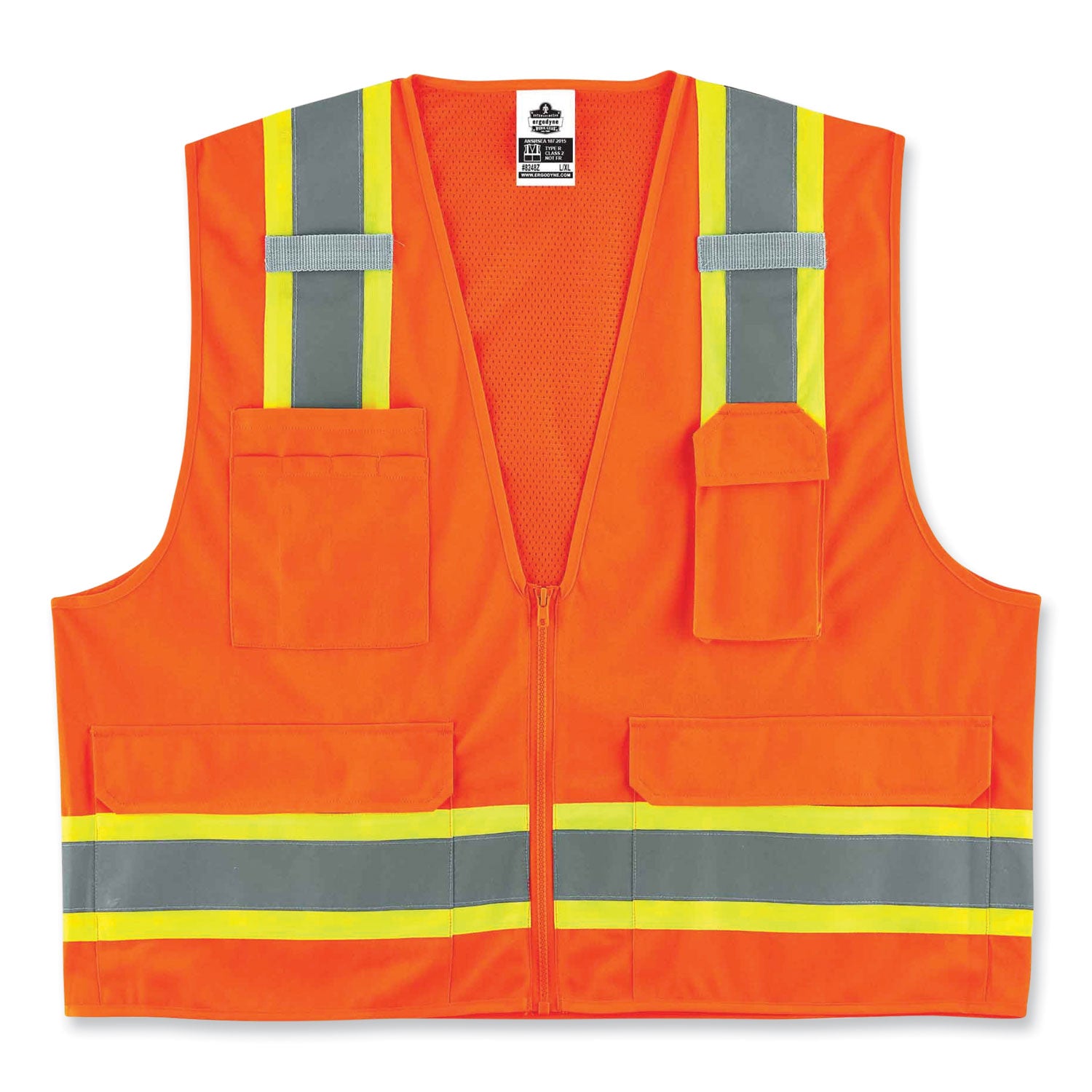 GloWear 8248Z Class 2 Two-Tone Surveyors Zipper Vest, Polyester, 2X-Large/3X-Large, Orange, Ships in 1-3 Business Days