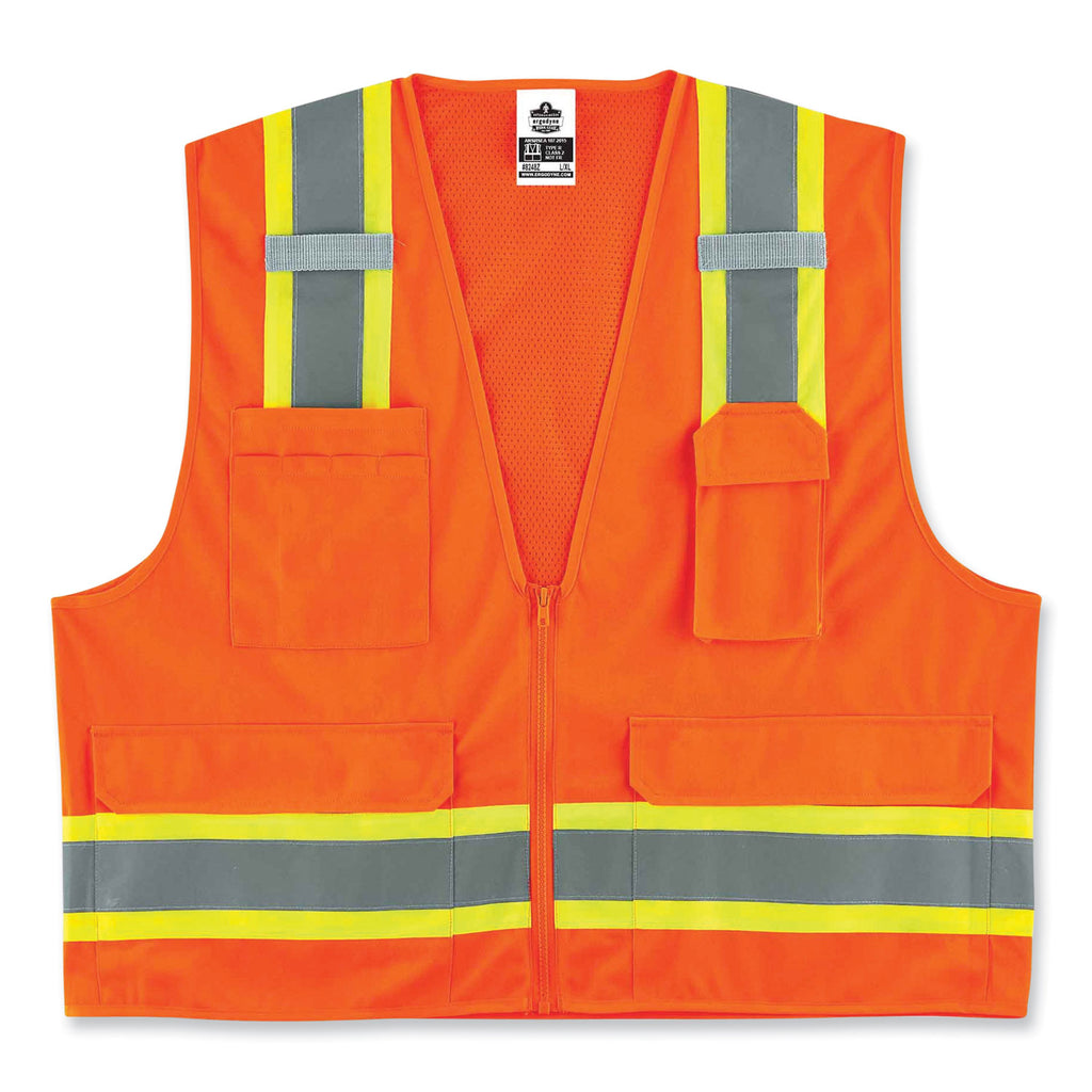 GloWear 8248Z Class 2 Two-Tone Surveyors Zipper Vest, Polyester, 4X-Large/5X-Large, Orange, Ships in 1-3 Business Days