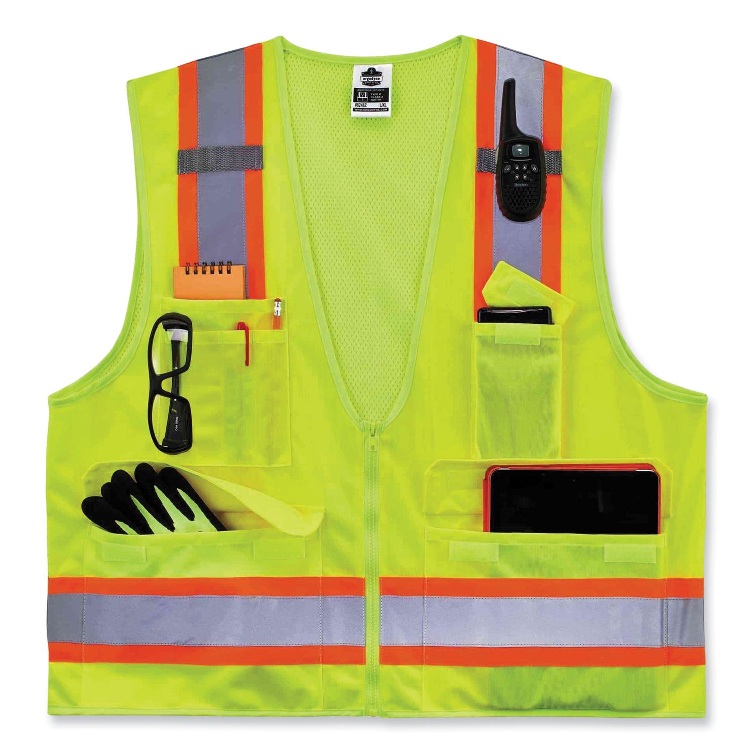 GloWear 8248Z Class 2 Two-Tone Surveyors Zipper Vest, Polyester, Large/X-Large, Lime, Ships in 1-3 Business Days