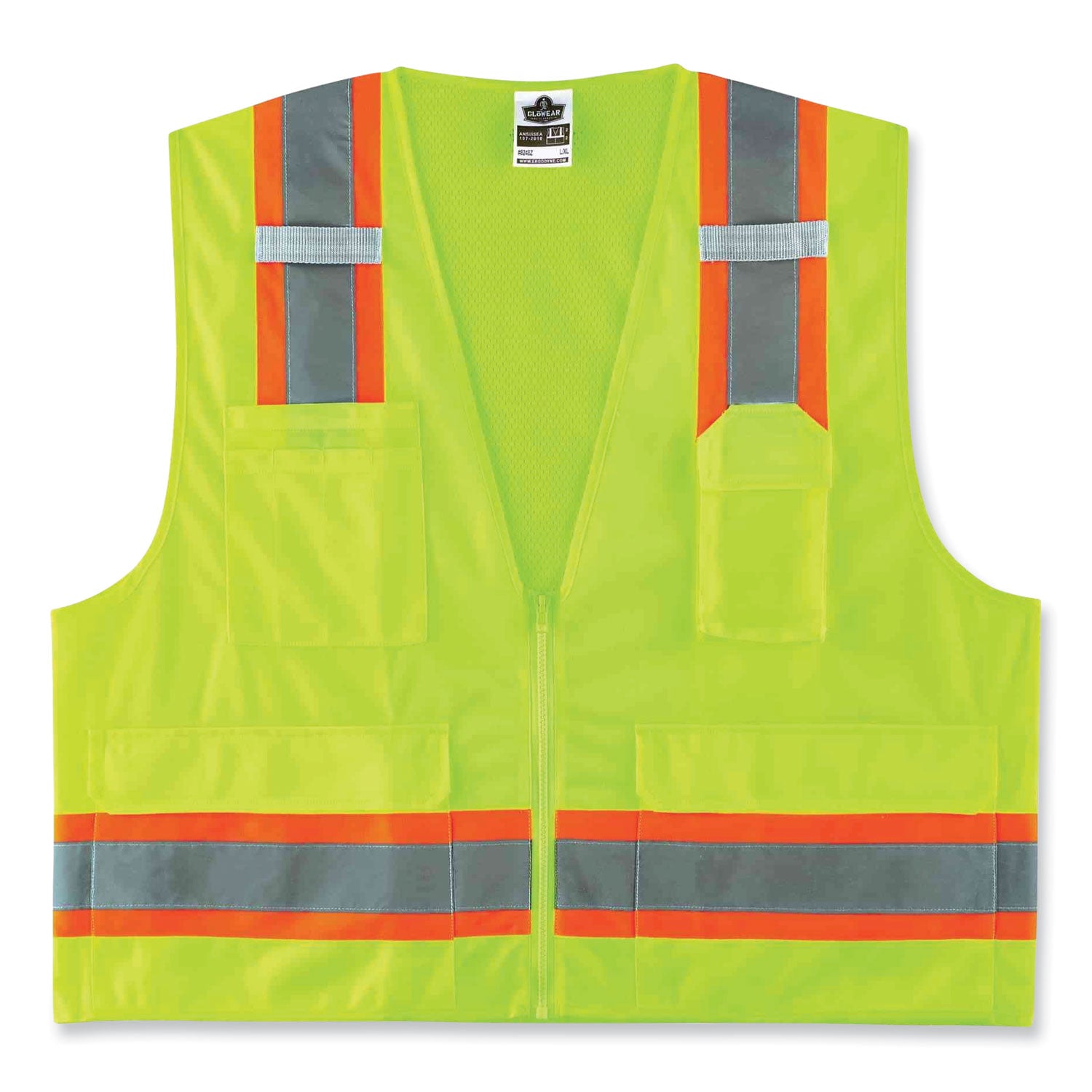 GloWear 8248Z Class 2 Two-Tone Surveyors Zipper Vest, Polyester, Large/X-Large, Lime, Ships in 1-3 Business Days
