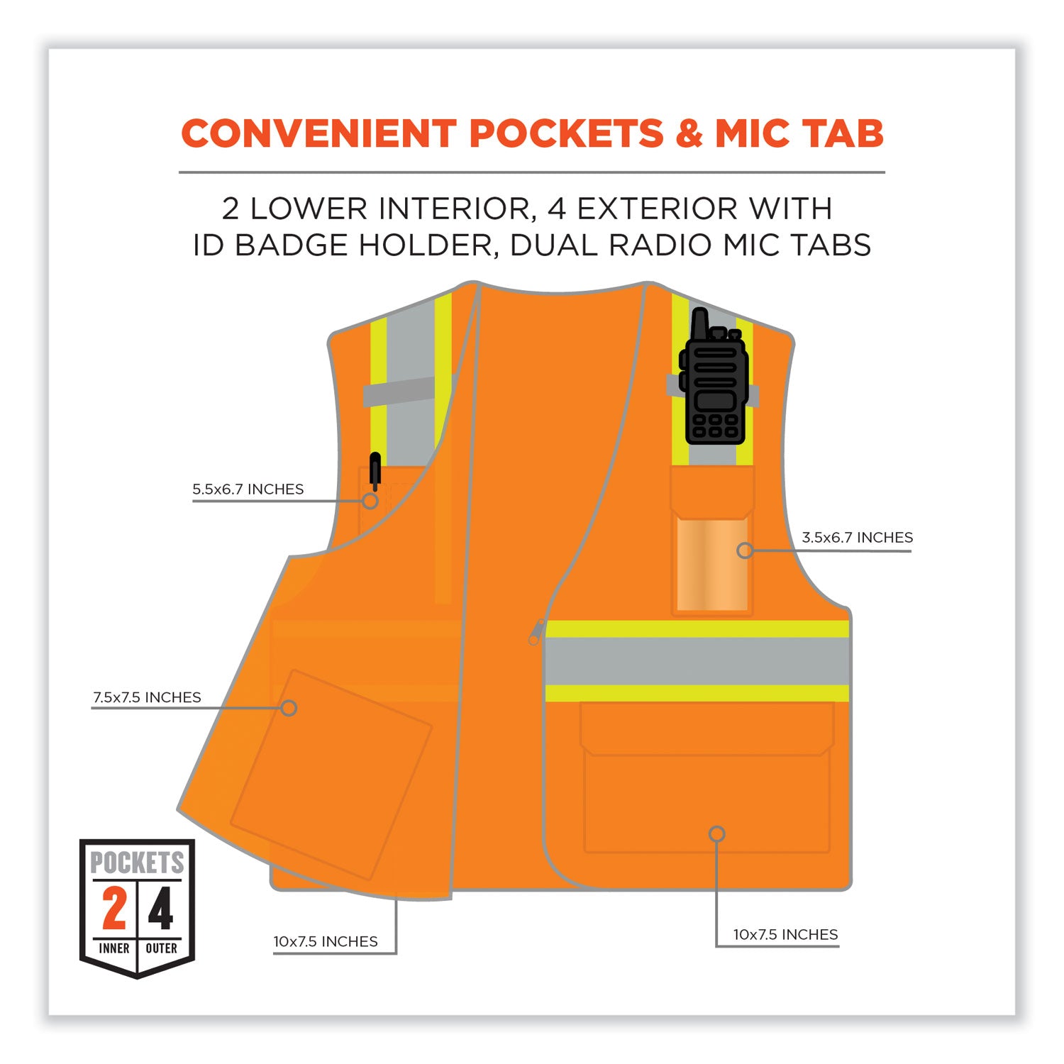 GloWear 8246Z Class 2 Two-Tone Mesh Reflective Binding Zipper Vest, Polyester, Small/Med, Orange, Ships in 1-3 Business Days