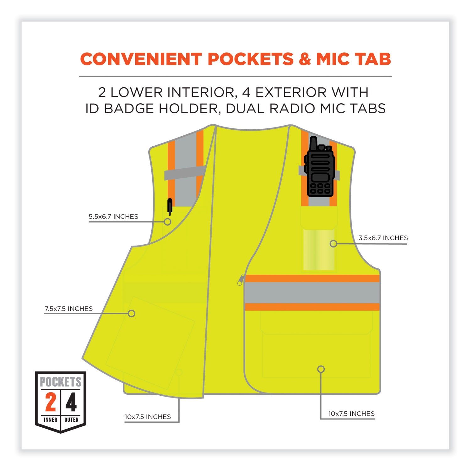 GloWear 8246Z Class 2 Two-Tone Mesh Reflective Binding Zipper Vest, Polyester, Large/XL, Lime, Ships in 1-3 Business Days - 4