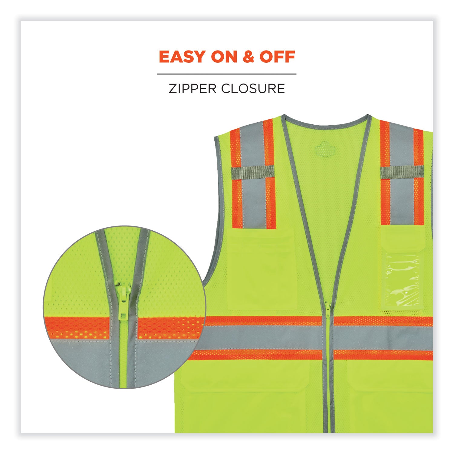 GloWear 8246Z Class 2 Two-Tone Mesh Reflective Binding Zipper Vest, Polyester, Large/XL, Lime, Ships in 1-3 Business Days - 6