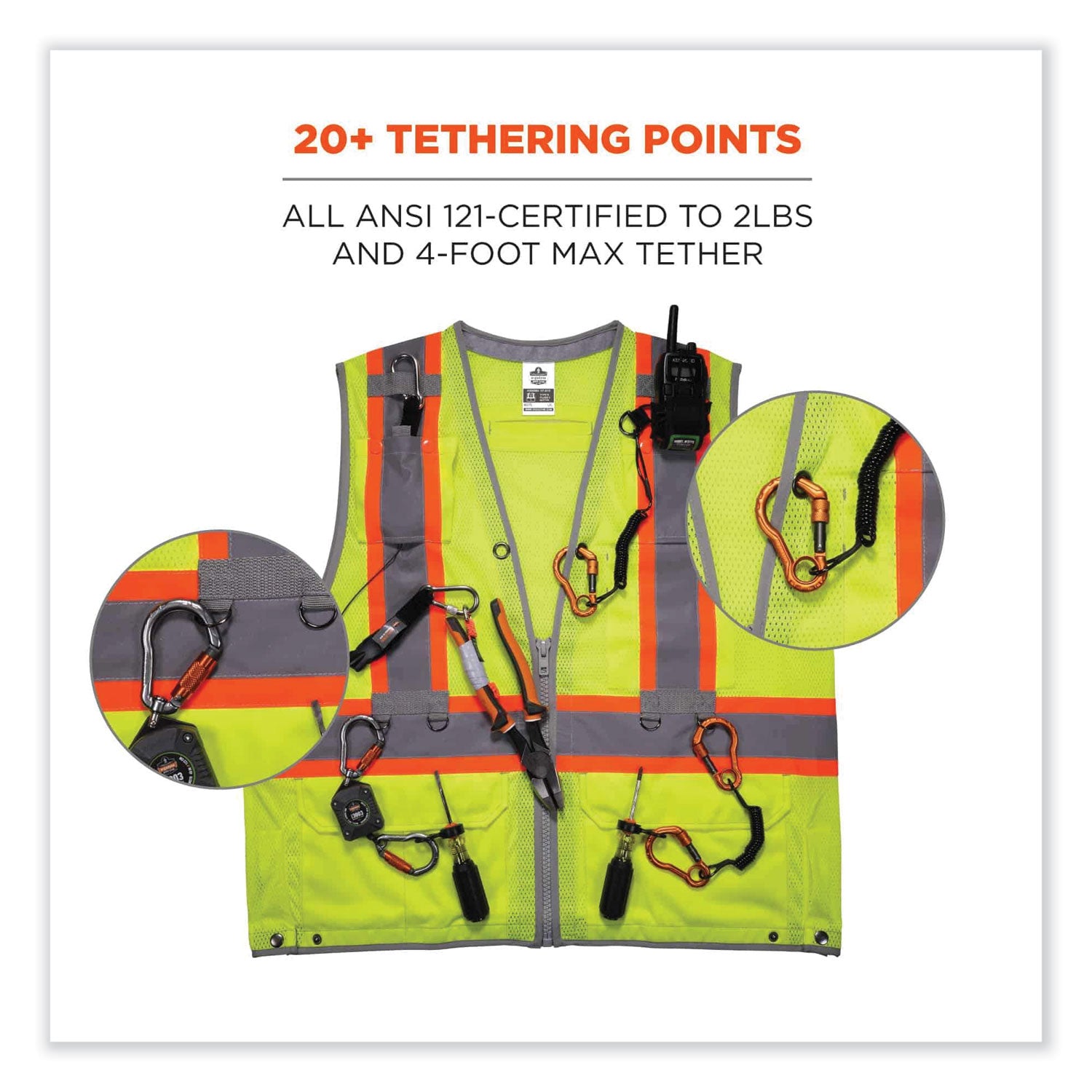 GloWear 8231TV Class 2 Hi-Vis Tool Tethering Safety Vest, Polyester, Large/X-Large, Lime, Ships in 1-3 Business Days