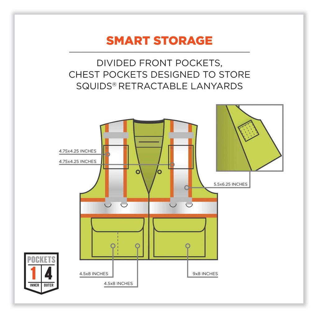 GloWear 8231TV Class 2 Hi-Vis Tool Tethering Safety Vest, Polyester, Large/X-Large, Lime, Ships in 1-3 Business Days